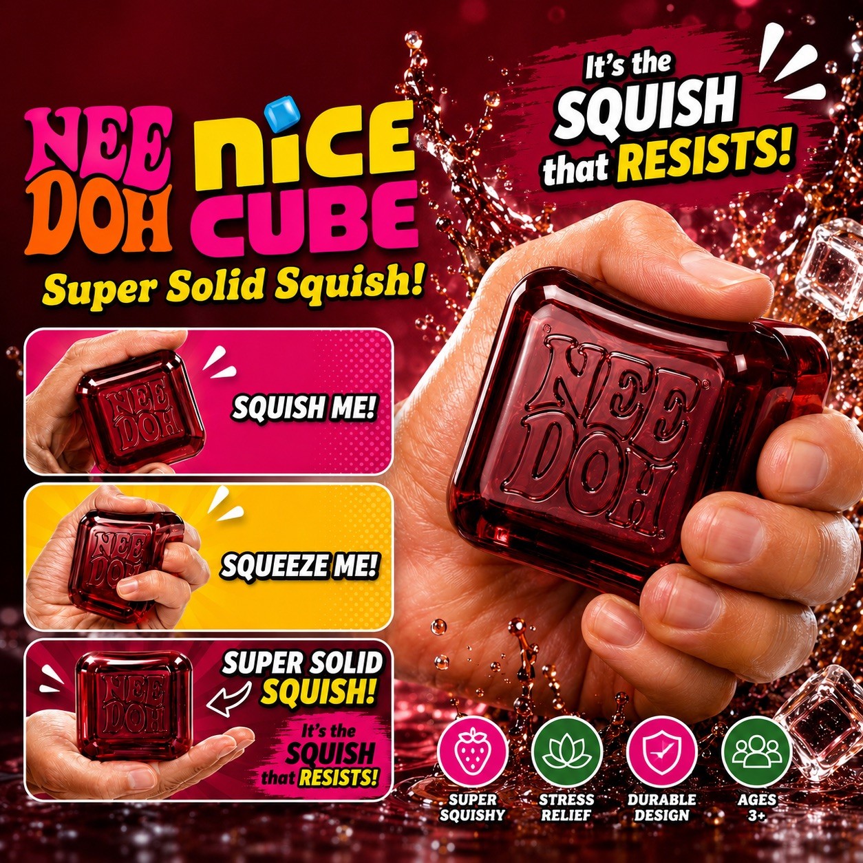 NeeDoh Cherry Red Nice Cube Squishy Stress Relief Sensory Fidget Toy, See Video!