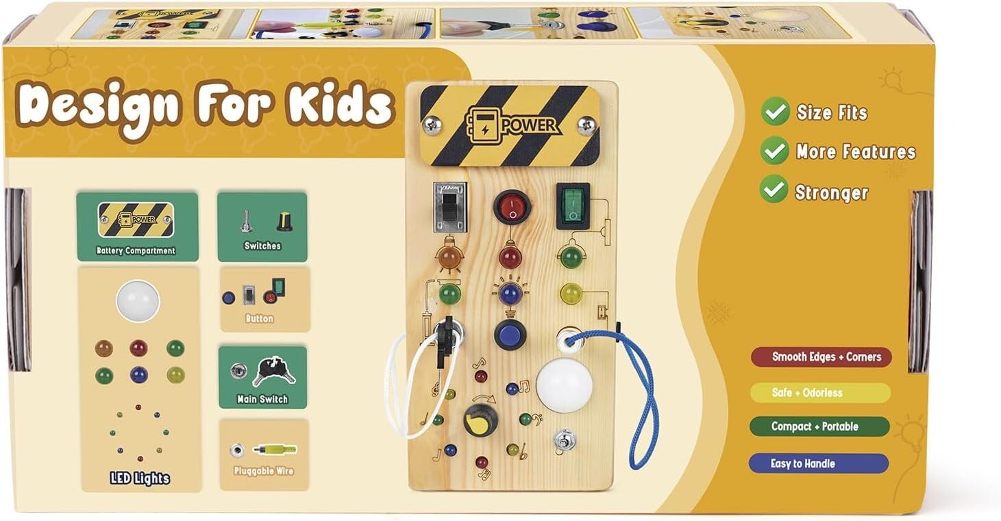 Handcrafted Montessori Busy Board for Ages 1+, 8 LED Lights for Sensory Learning