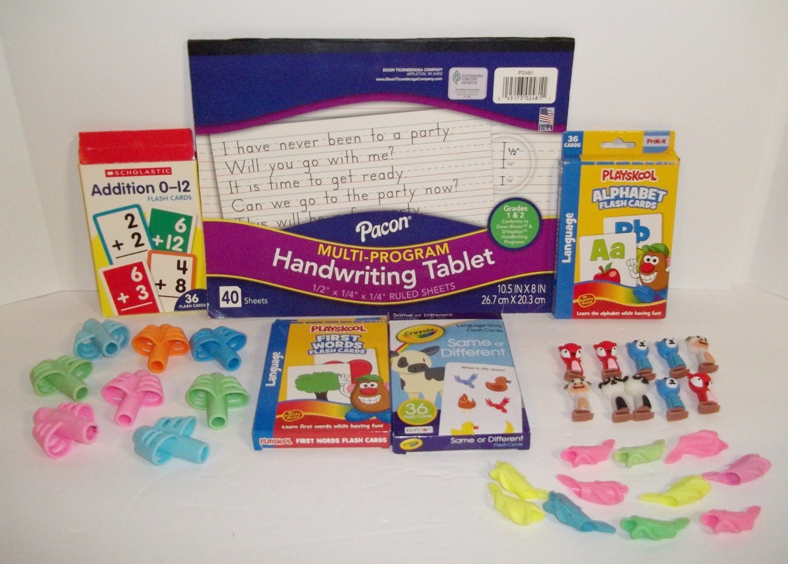 SCHOOL SUPPLY LOT writing trainers, page bk clips, tablet, flash cards ABC, MATH