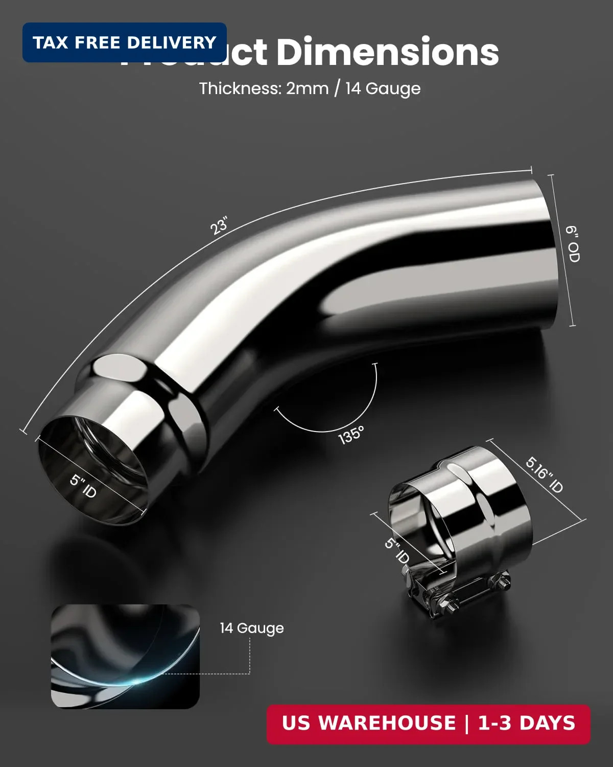 5″ Diesel Exhaust Tip Elbow 5″ Inlet 6″ Outlet 23″ Long Chrome with Clamp