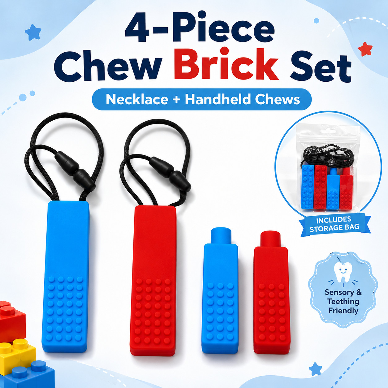 4 Pc Silicone Sensory Chew Bricks Necklace, Food Grade, ADHD, Autism, Oral Motor
