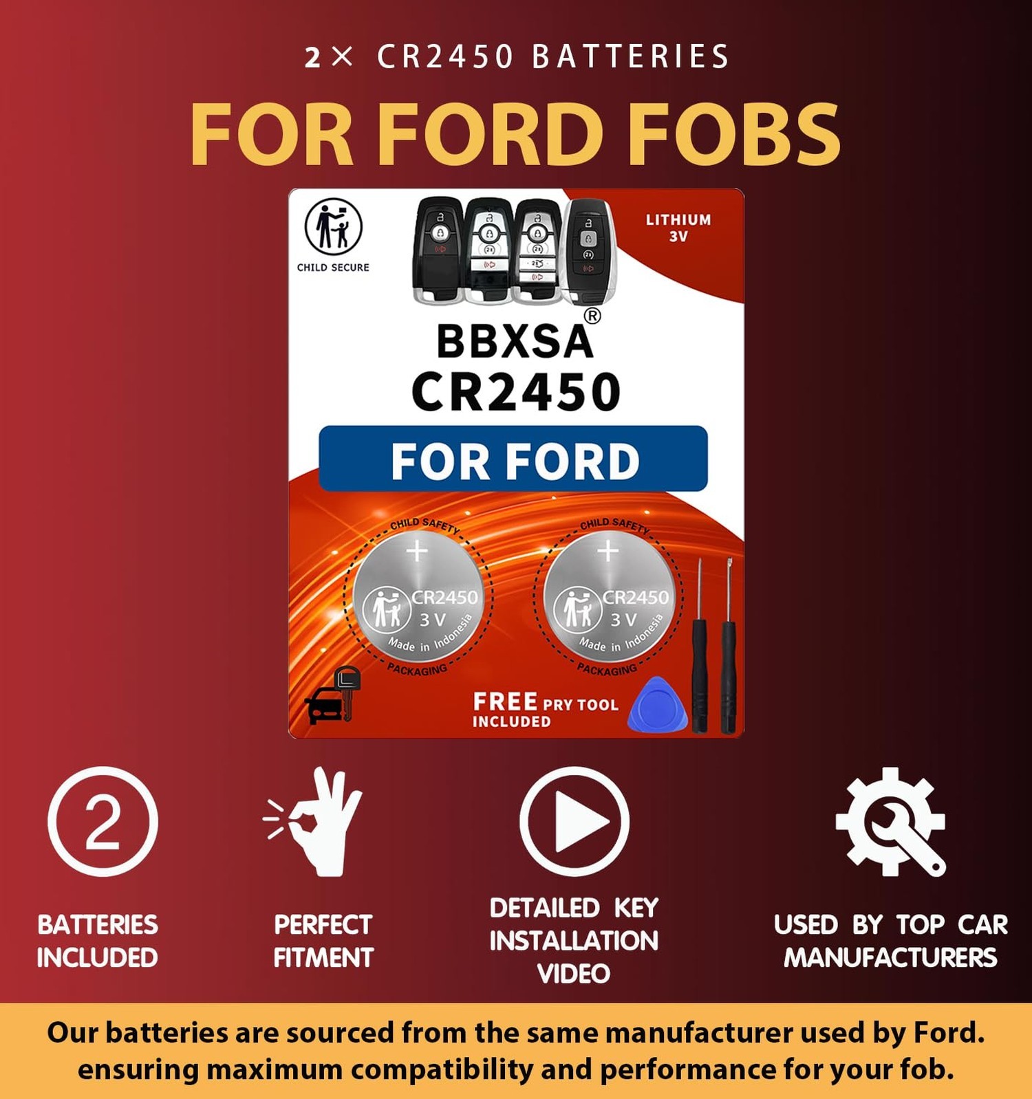 Key Fob Replacement Batteries for Ford/Lincoln CR2450 (F150 Explorer Edge Fus…