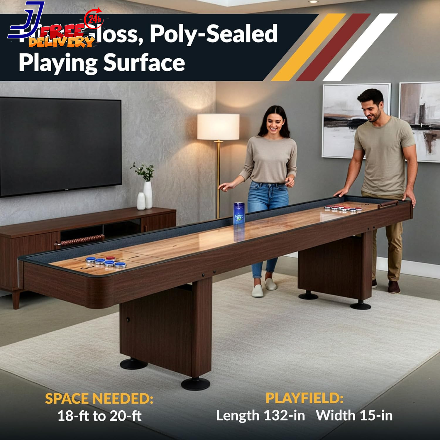 Challenger Shuffleboard Table for Family Arcade Game Room with Poly Coated Playf