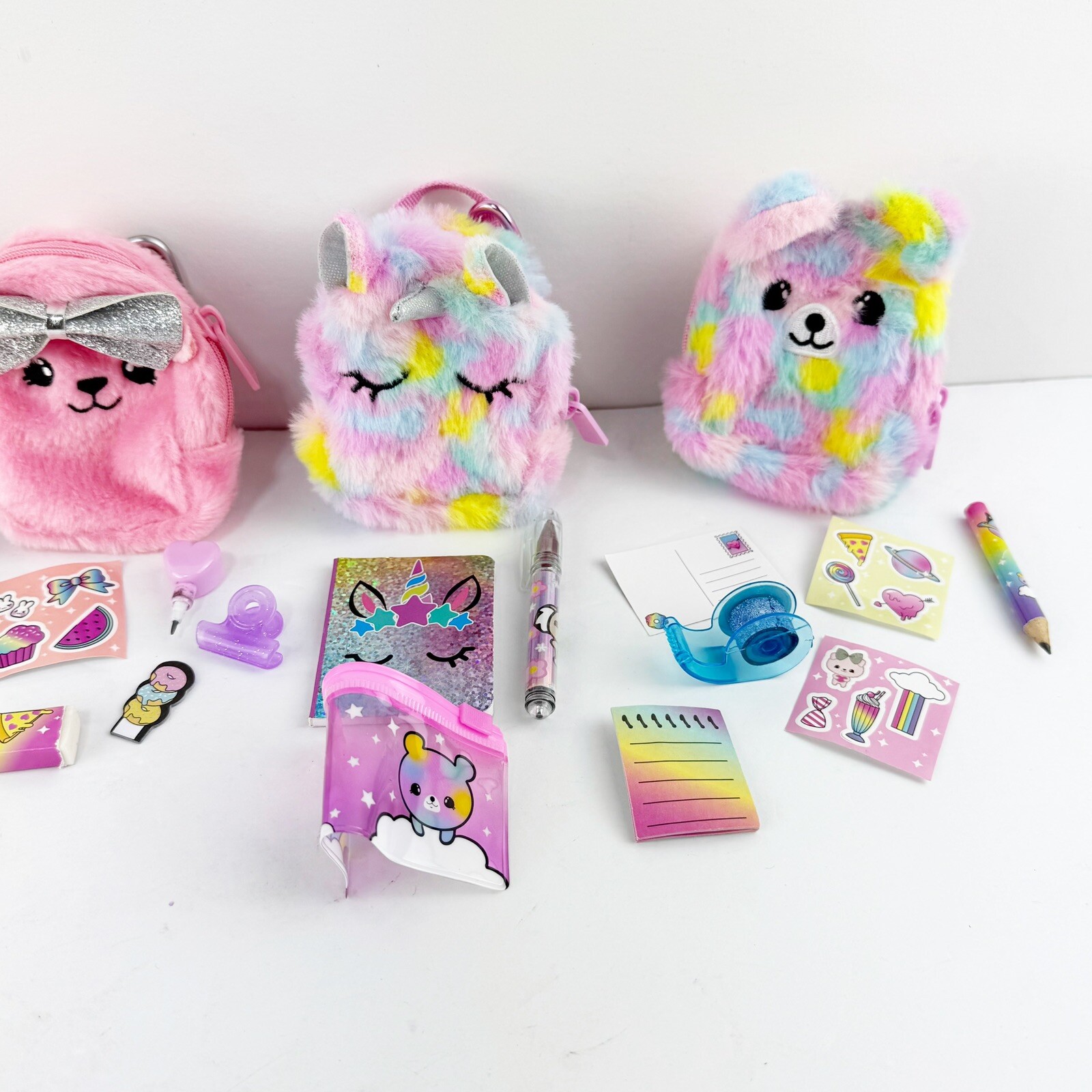 Lot of 4 Miniature Animal Backpack Clip Ons With Fun Accessories & Tools