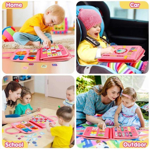 Montessori Busy Book Board Sensory Educational Toy Pink Dinosaurs