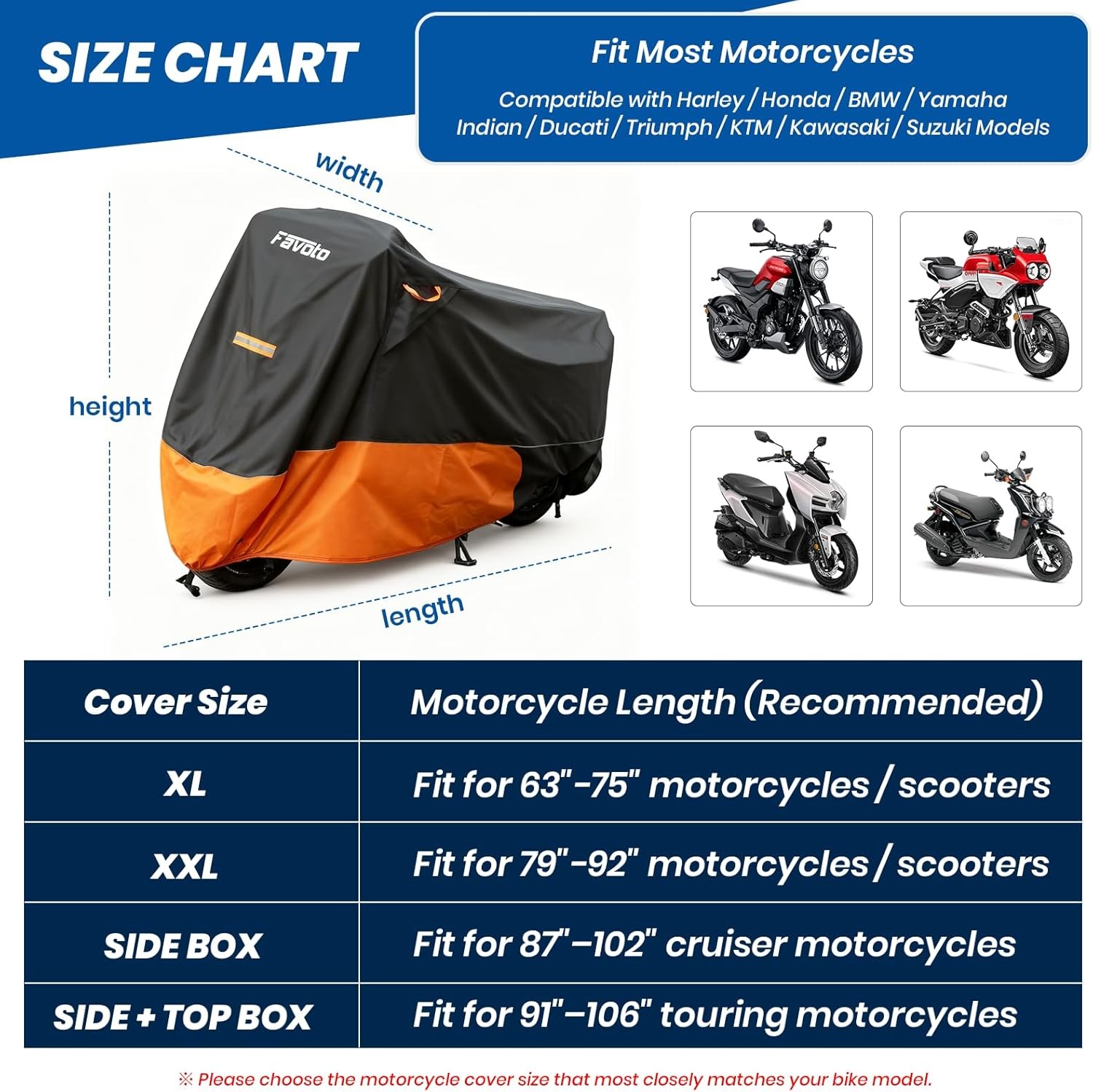 Favoto Motorcycle Cover Waterproof Outdoor – Fits up to 96.5″ Motorbikes 420D Ox