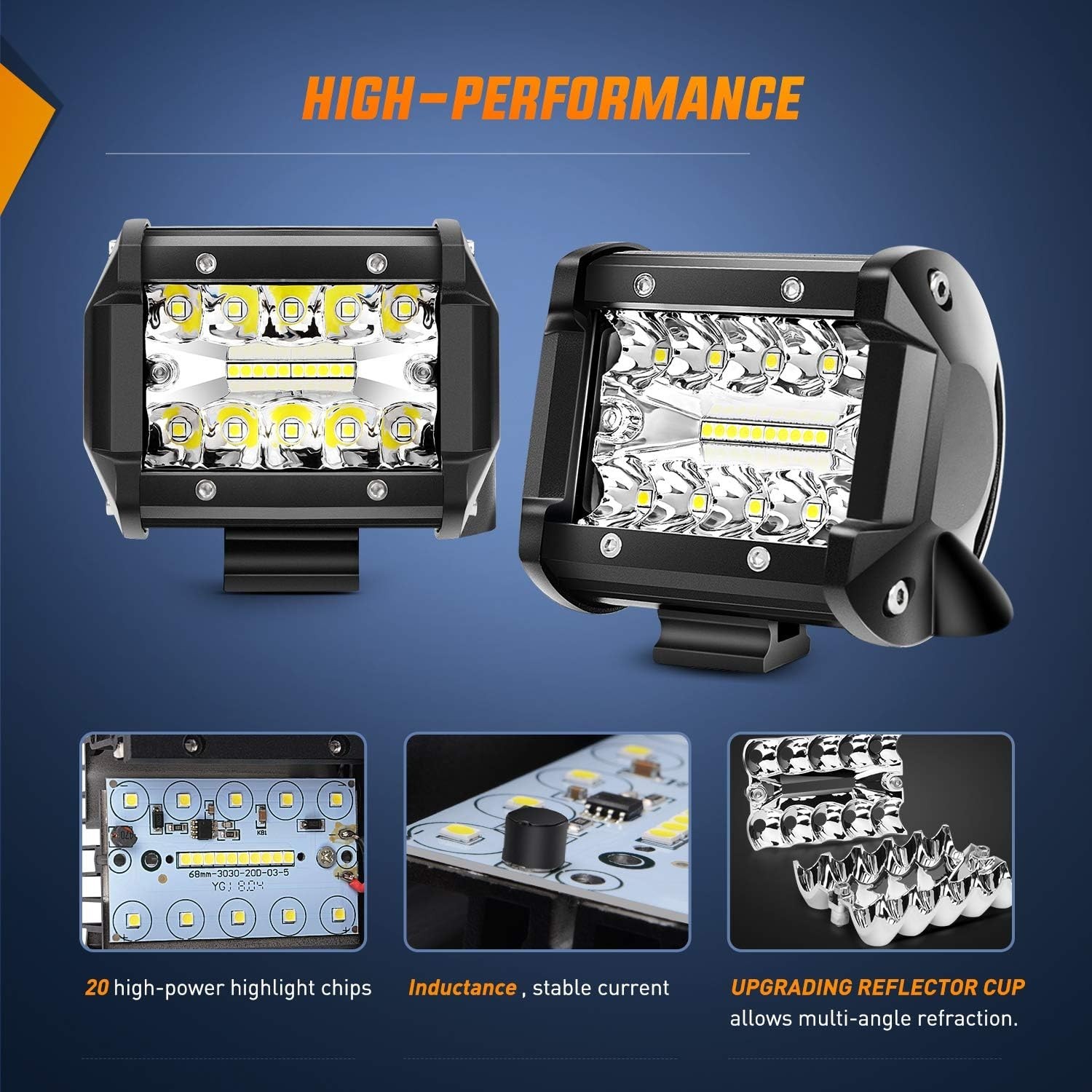 2PC 4Inch Triple Row Lights 60W Flood Spot Combo 6000LM Bar Driving Boat Led off