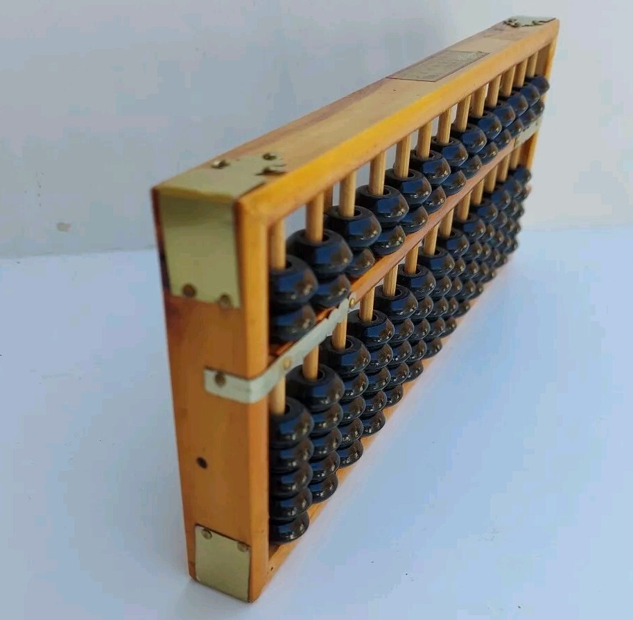 Vintage Abacus 13 Column Wood Calculator 7 Bead Rows 9½ X 4″ Metal Corners