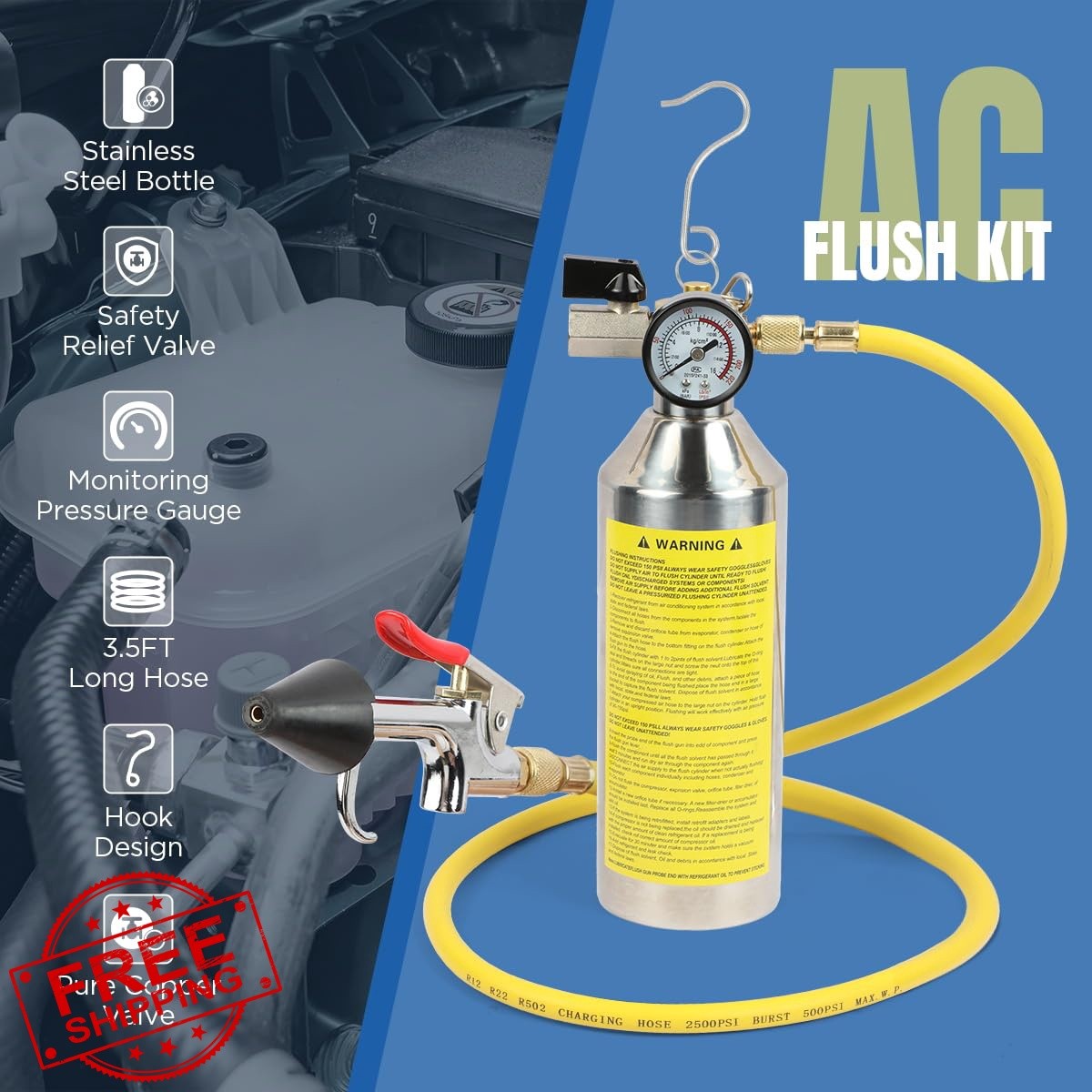 YUANRI AC Flush Kit 1L Stainless Steel R134A R12 R22 R404 R410A