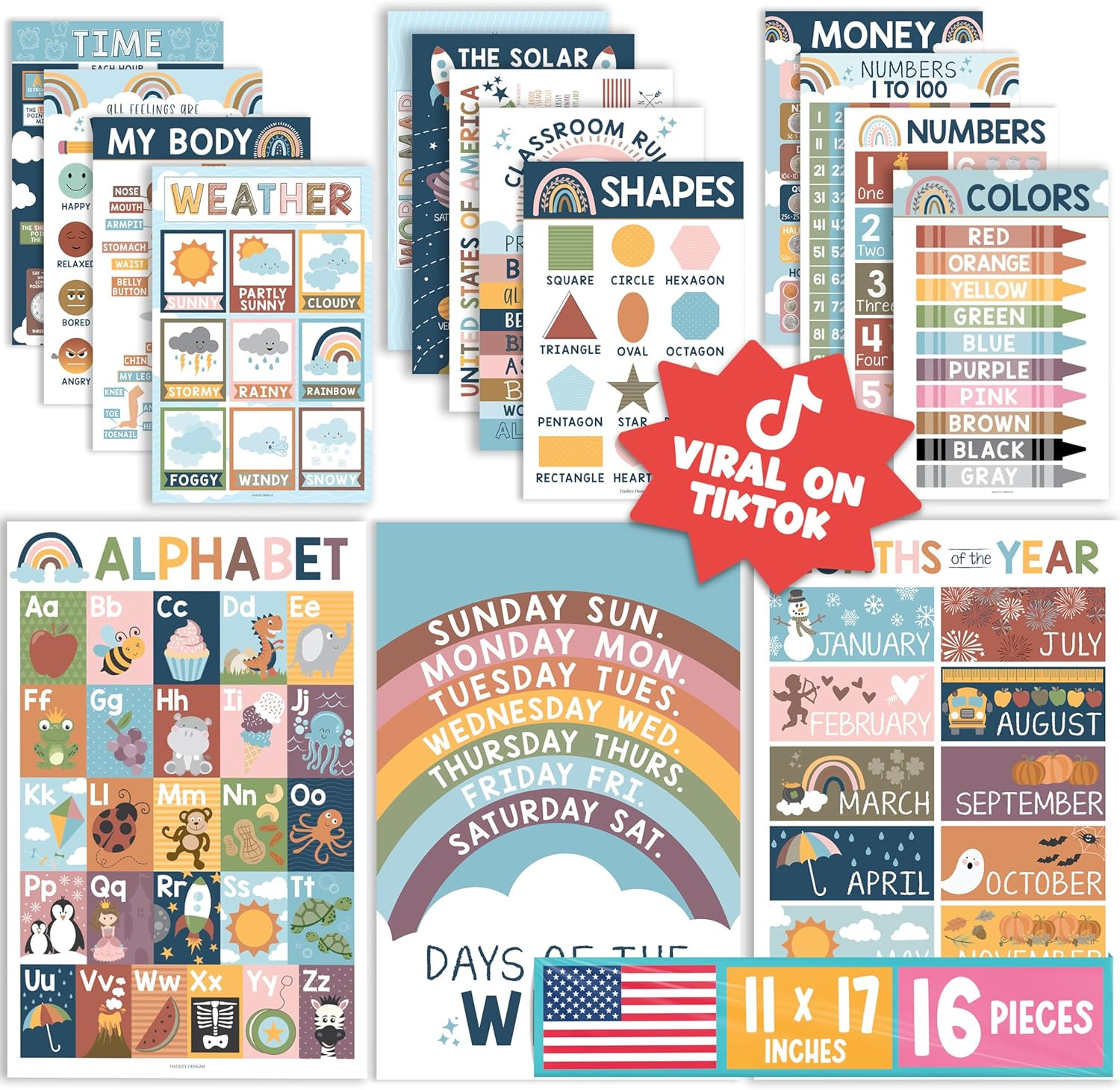 16 Educational Posters for Toddlers 1-3 – Learning Poster for Kids Ages 3-5, Alp
