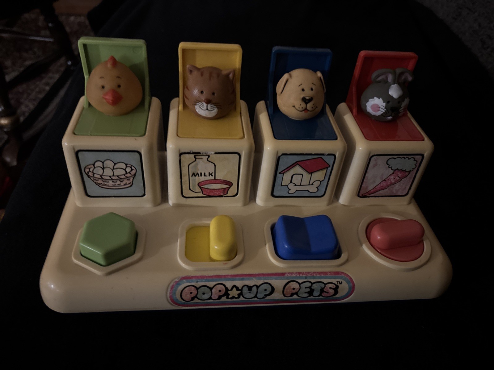 Vintage 1984 Pop-UP Pets Child Development toy, Working, carrot, eggs, milk, dog