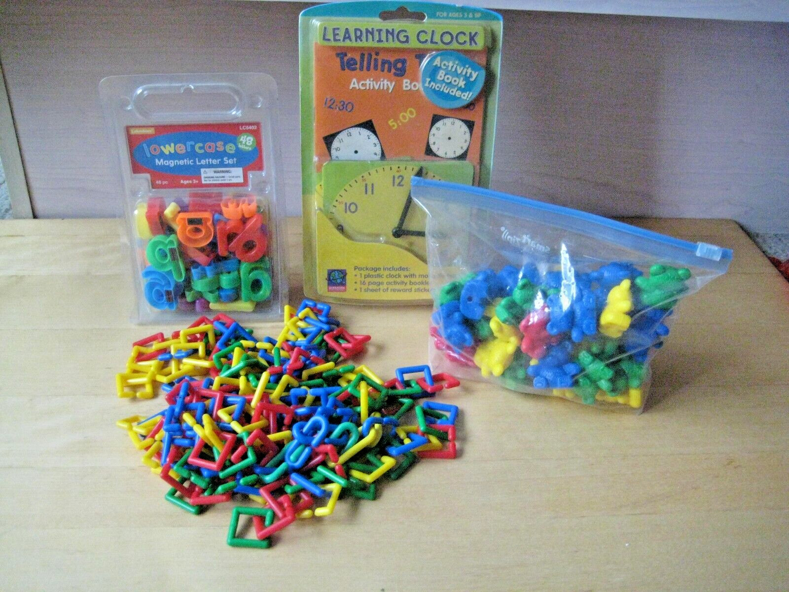 LEARNING TOYS LOT *MAGNETIC ALPHABETS * COUNTING BEARS * TELLING TIME + Links