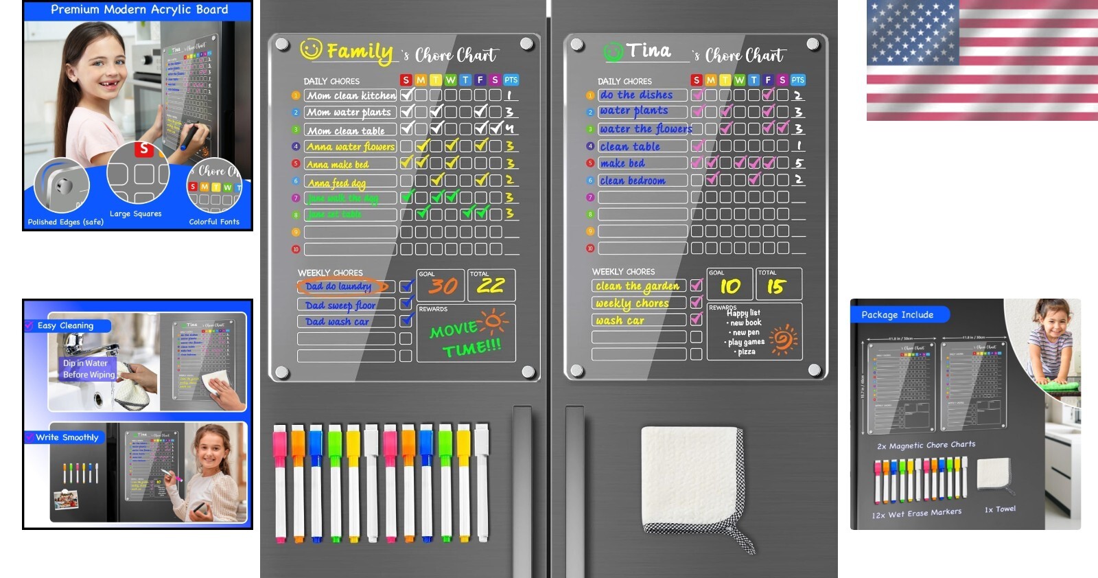 Interactive Magnetic Chore Chart with 12 Markers for Kids – 2PCS, 12″x16″ Design