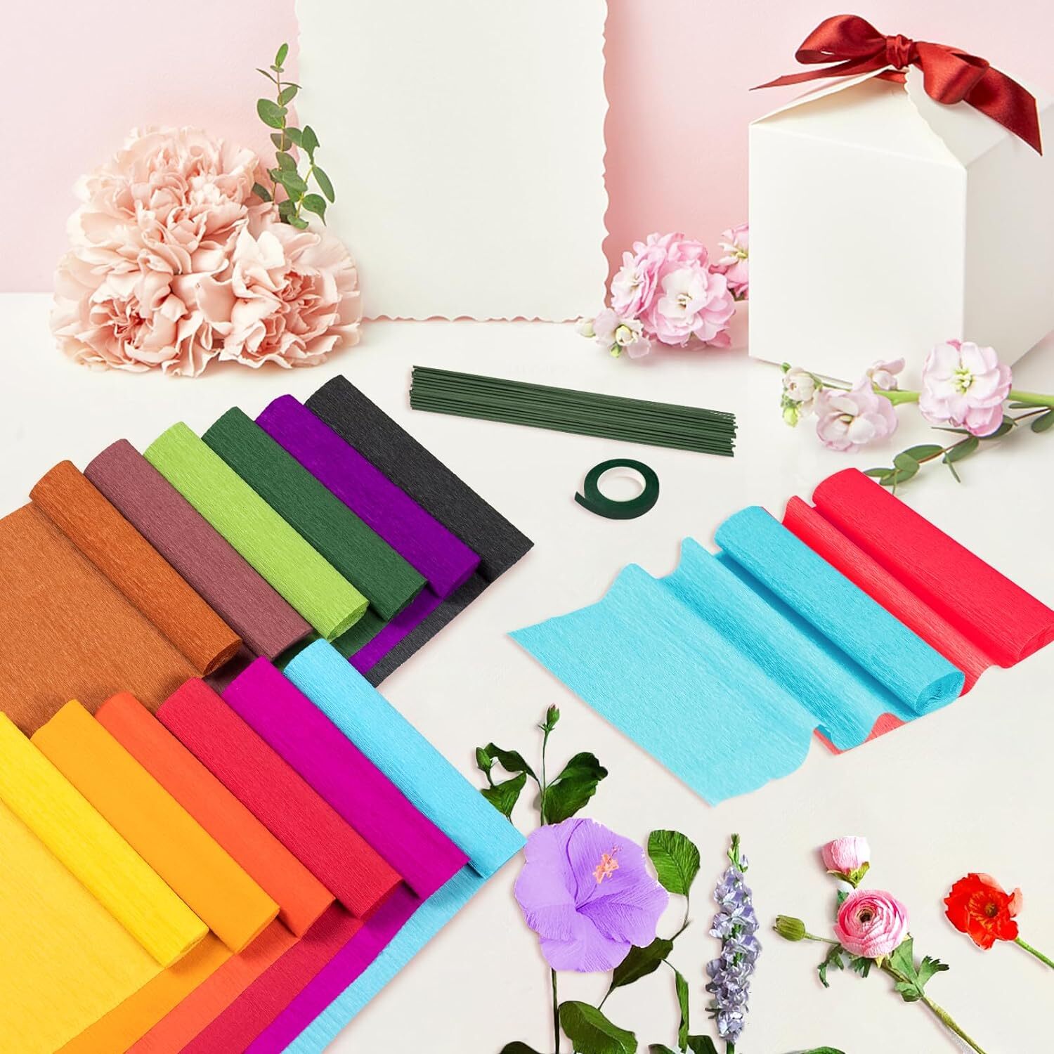 12 Colors Crepe Paper Rolls, 10 x 98Inch Wide Sheets Deep Color