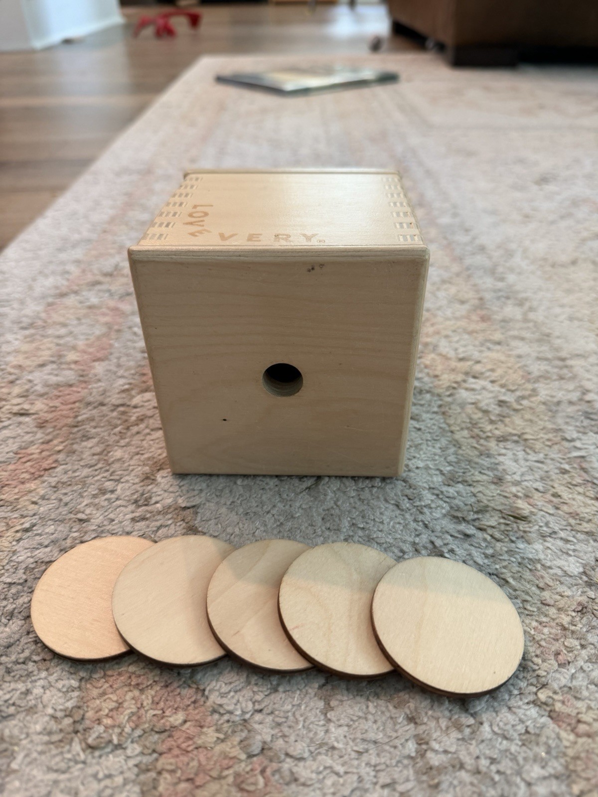 Lovevery Wooden Coin Bank Object Permanence Box w/ Slot Lid & 5 Discs Beige