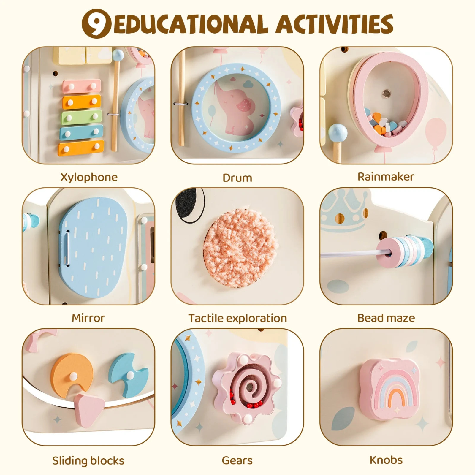 ROBUD Wooden Cream Elephant Busy Board Montessori Sensory Wall Toy for 1-3 kids
