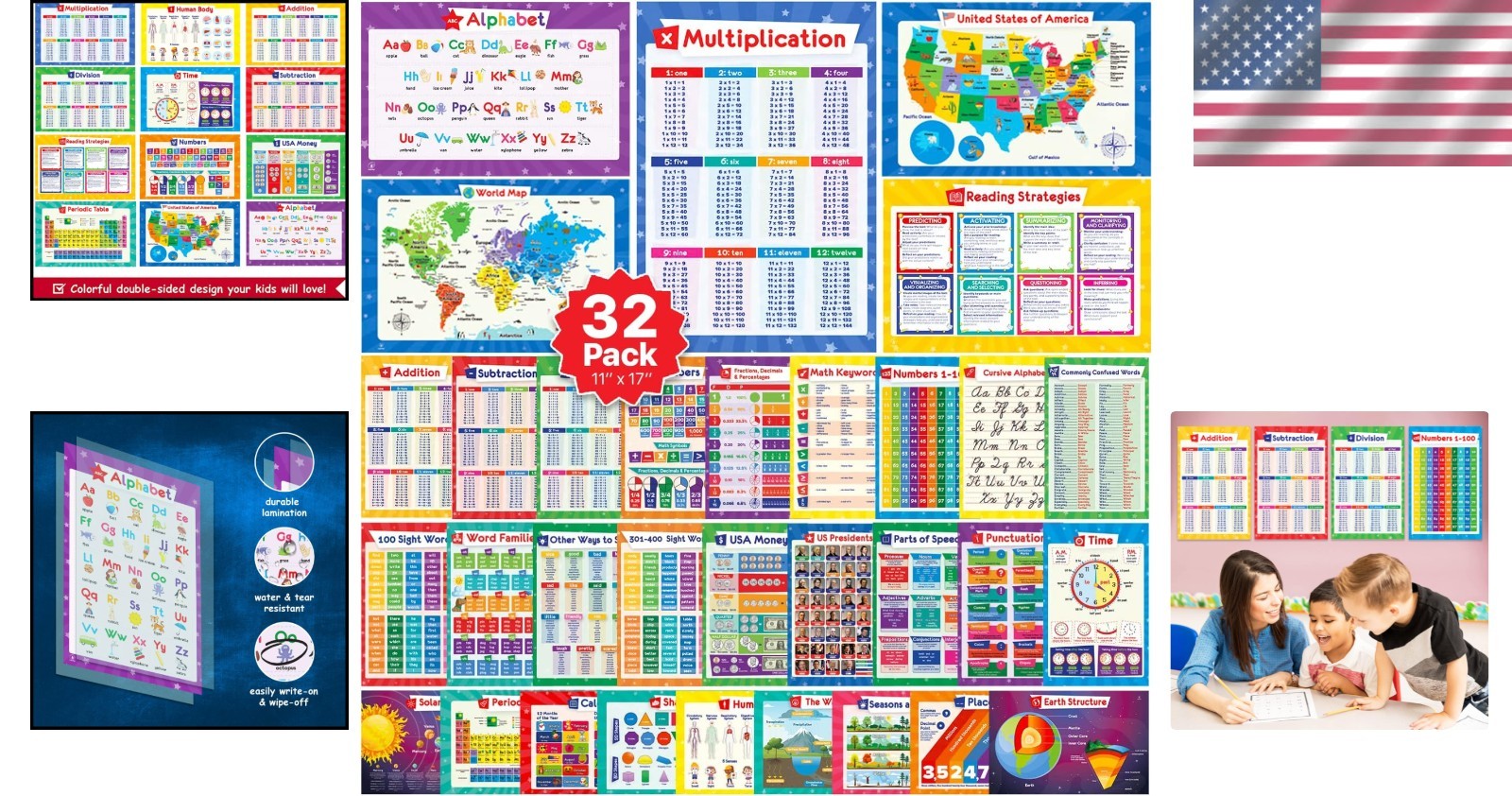 Engaging 32-Pack of 59 Learning Posters for Kids – 17×11, Classroom Essentials