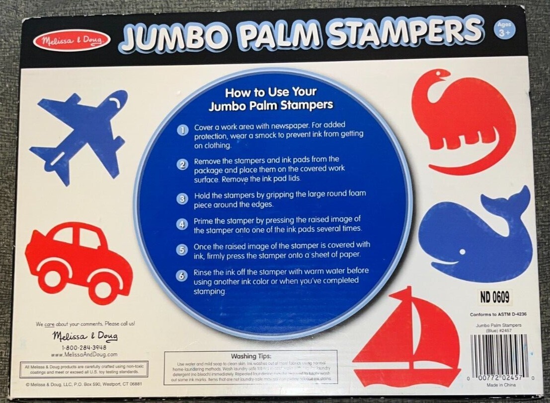 Melissa & Doug Jumbo Palm Stampers – Blue/Red Whale Car Plane Sailboat Dinosaur