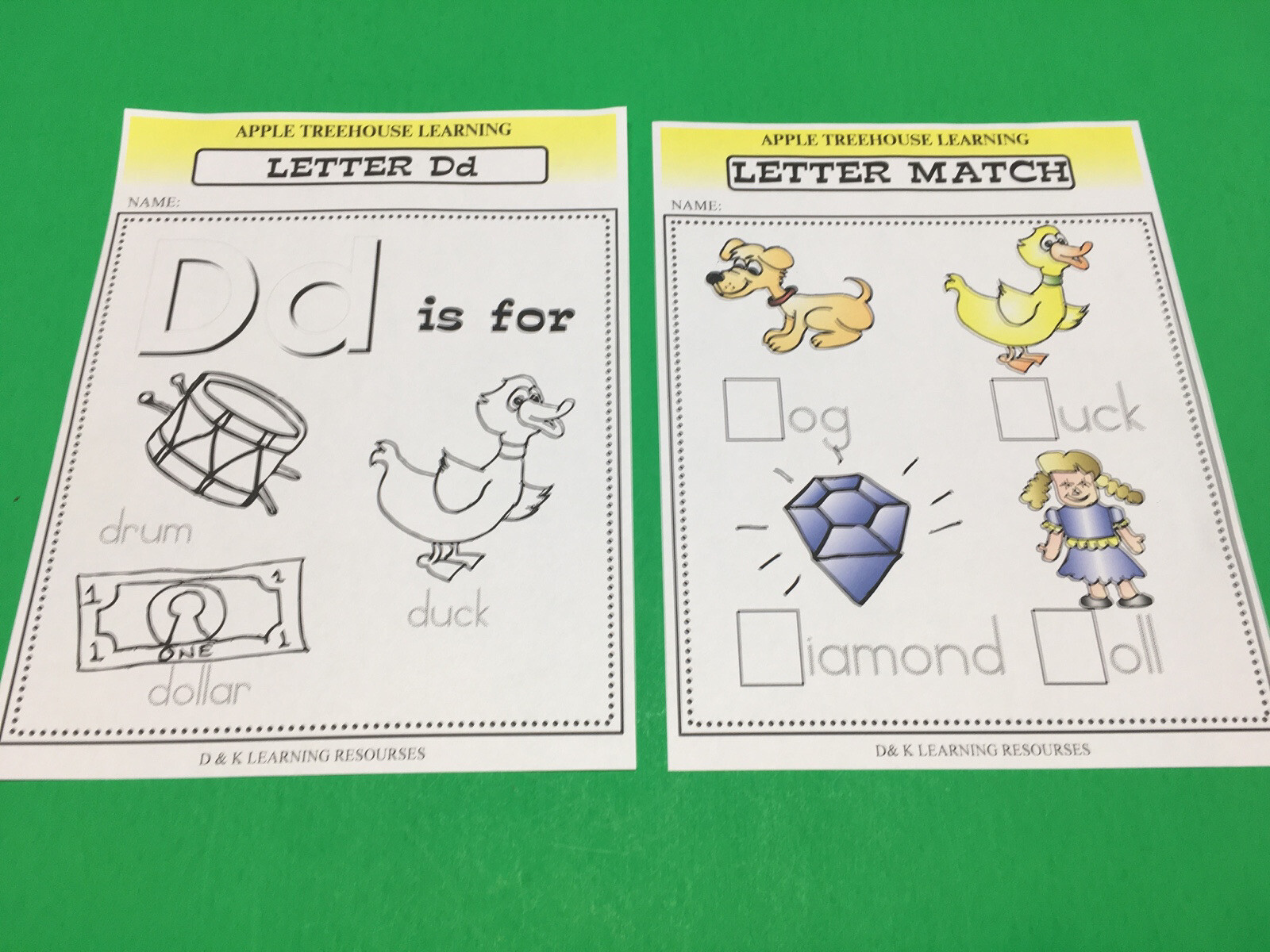 Letter Dd -Apple Treehouse Worksheets – Preschool Teaching supplies 20pgs