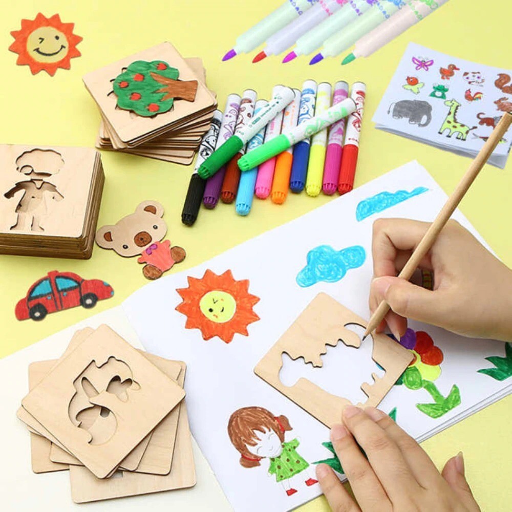 Kids Drawing Toys 20pcs Wooden DIY Painting Template Stencils Stencils Learning