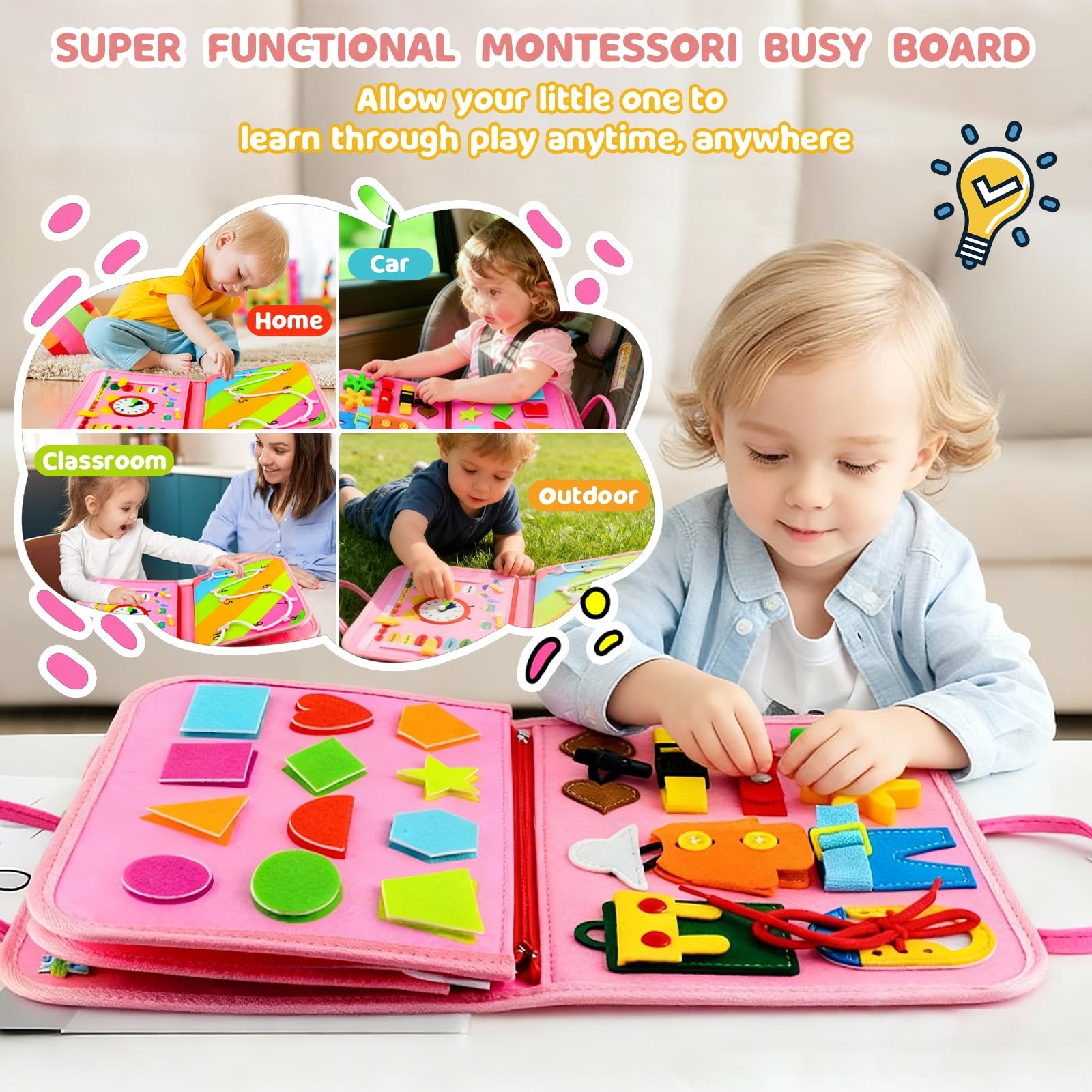 Toddler Busy Board Montessori Toys, 10.89 x 8.78 x 2.09 inches, Pink
