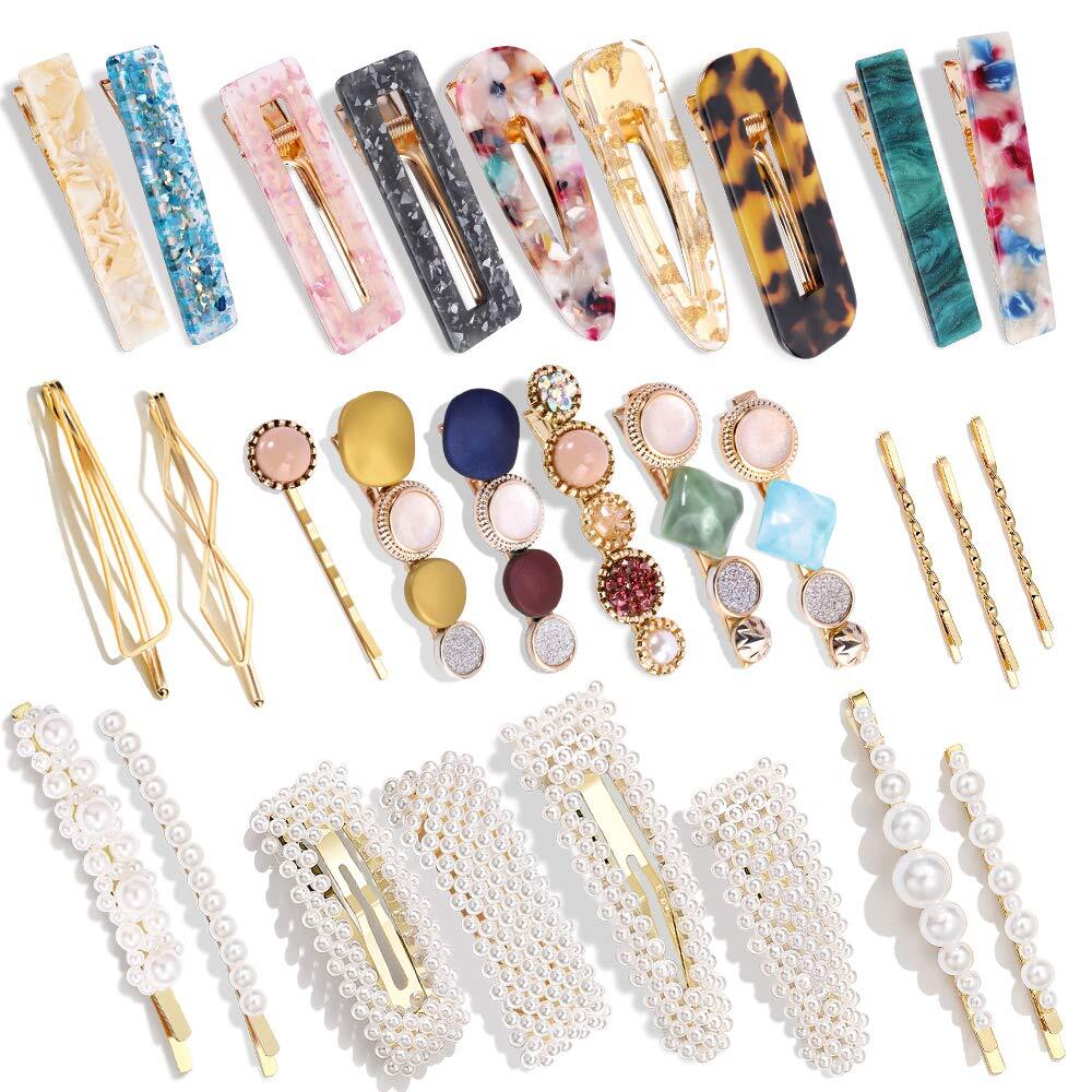 28 PCS Hingwah Pearls and Acrylic Resin Hair Clips, Handmade Hair Barrettes,