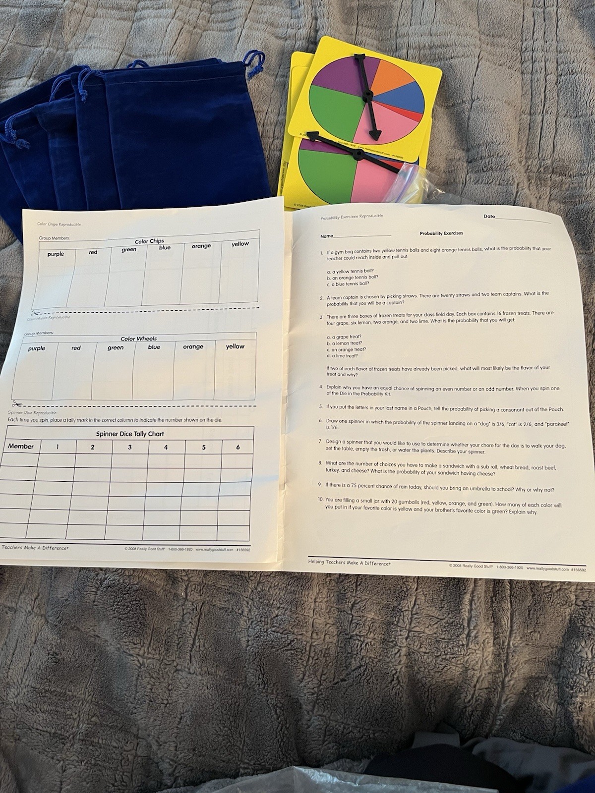 Probability Activities Kit For Math With Pouches Spinners Dice Cards Counters