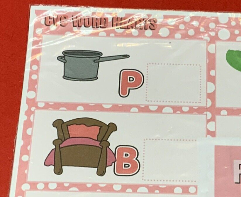 CVC Word Hearts – Set of 6 Learning Mats / Cards – Laminated Activity