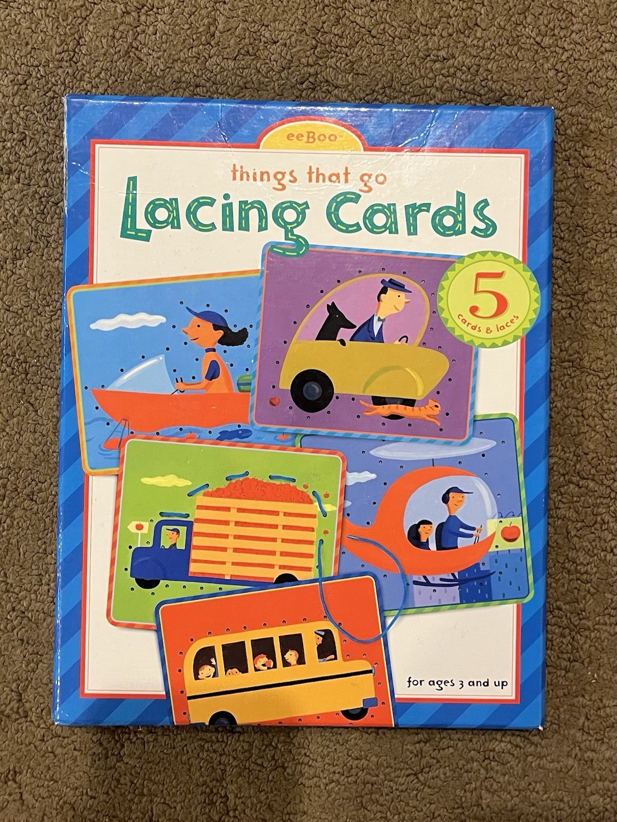 EUC 2003 eeBoo “Things That Go” Lacing Cards with 5 Cards & Laces