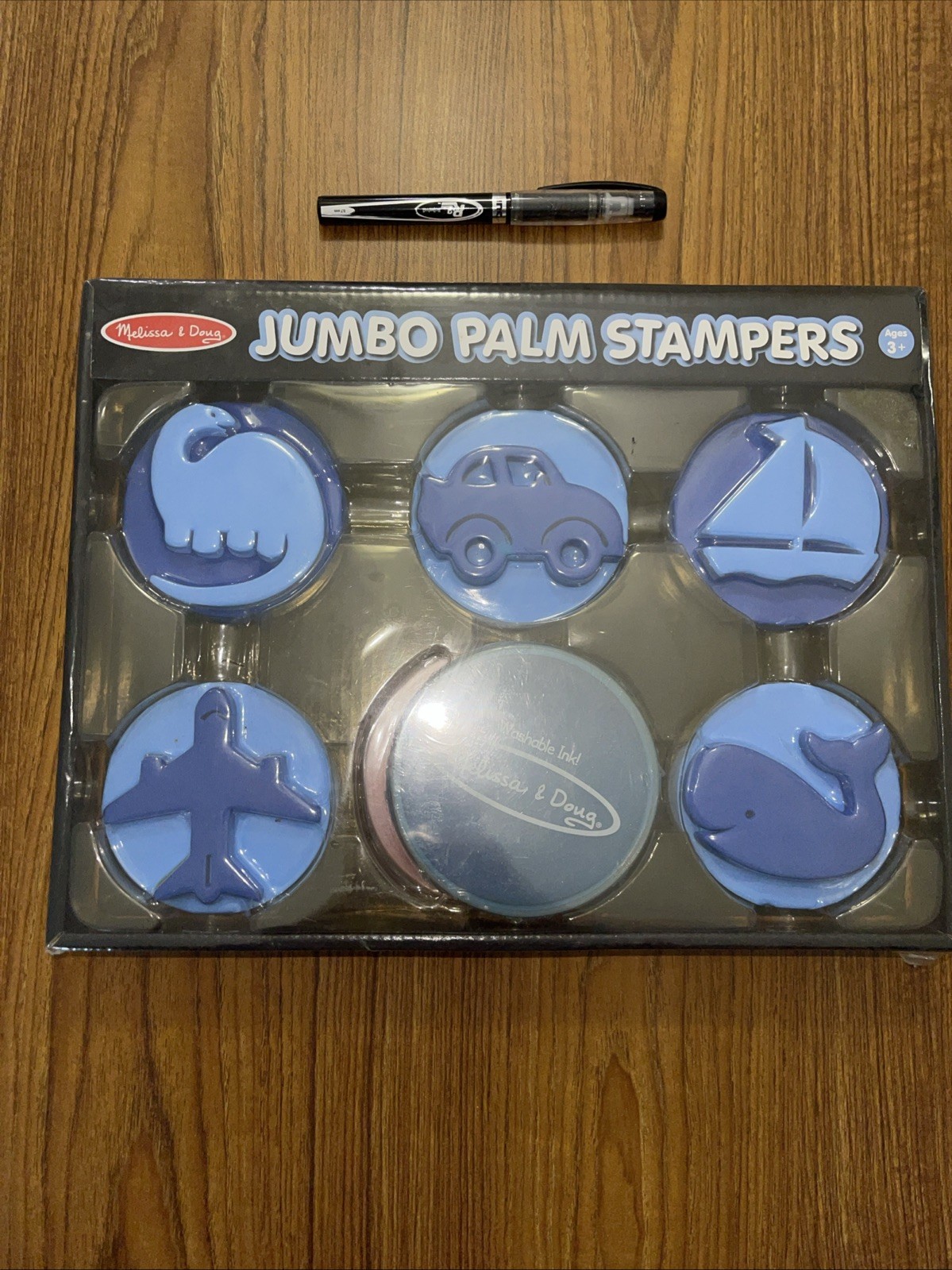 Melissa & Doug Jumbo Palm Stampers – Blue/Red Whale Car Plane Sailboat Dinosaur