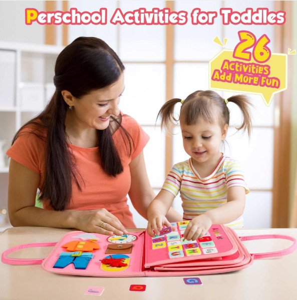 Montessori Busy Book Board Sensory Educational Toy Pink Dinosaurs