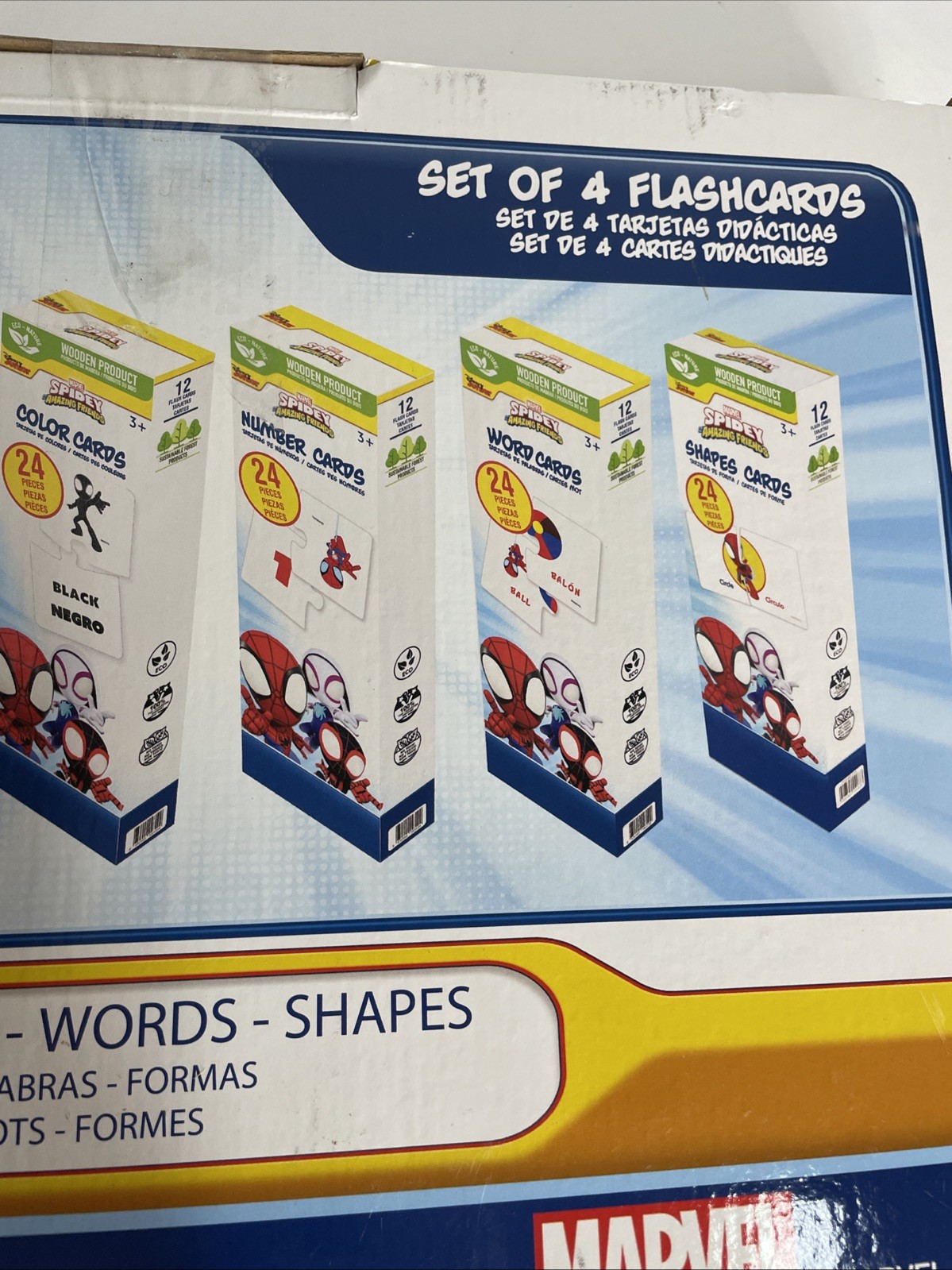 Spider-Man Disney Wooden Flashcards Set 4 Colors Numbers Words Shapes, 96 Pcs