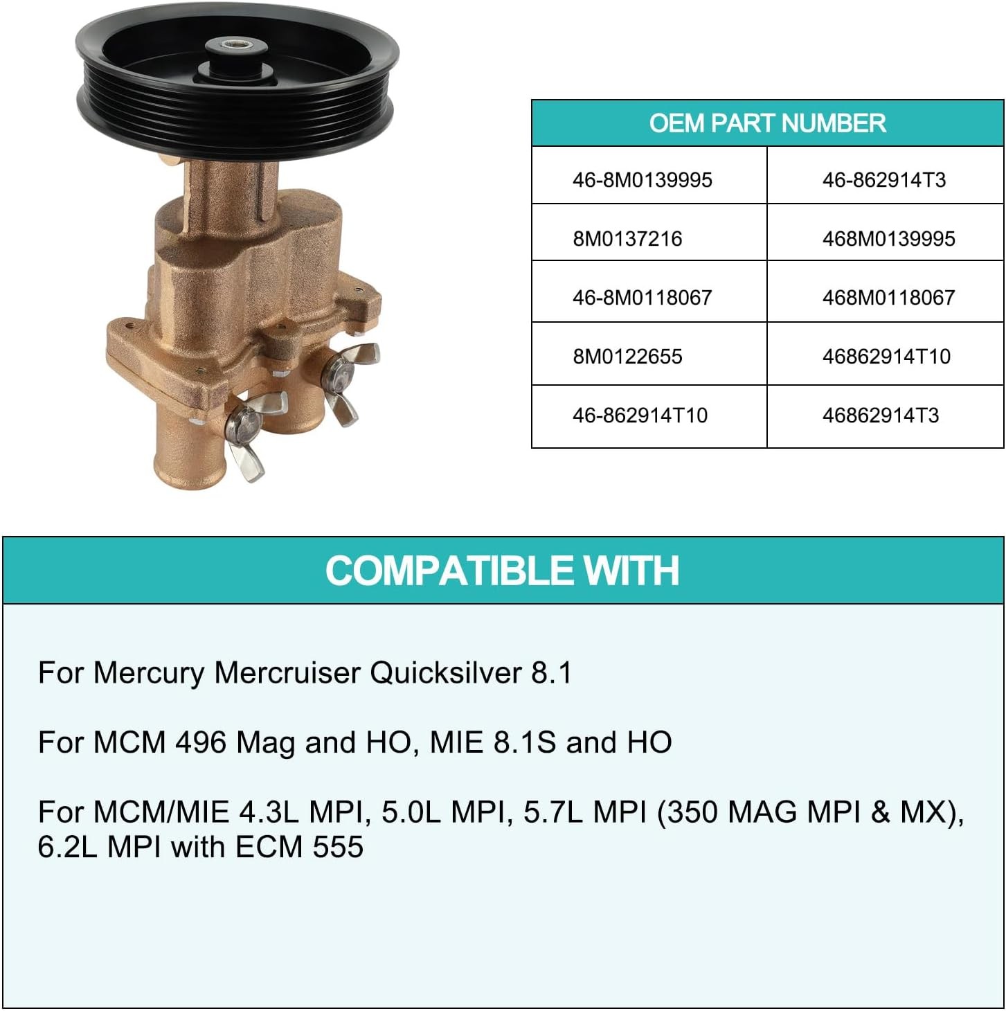 Raw Sea Impeller Water Pump 8M0139995 for Mercury Mercruiser 4.3L 5.0L 5.7L