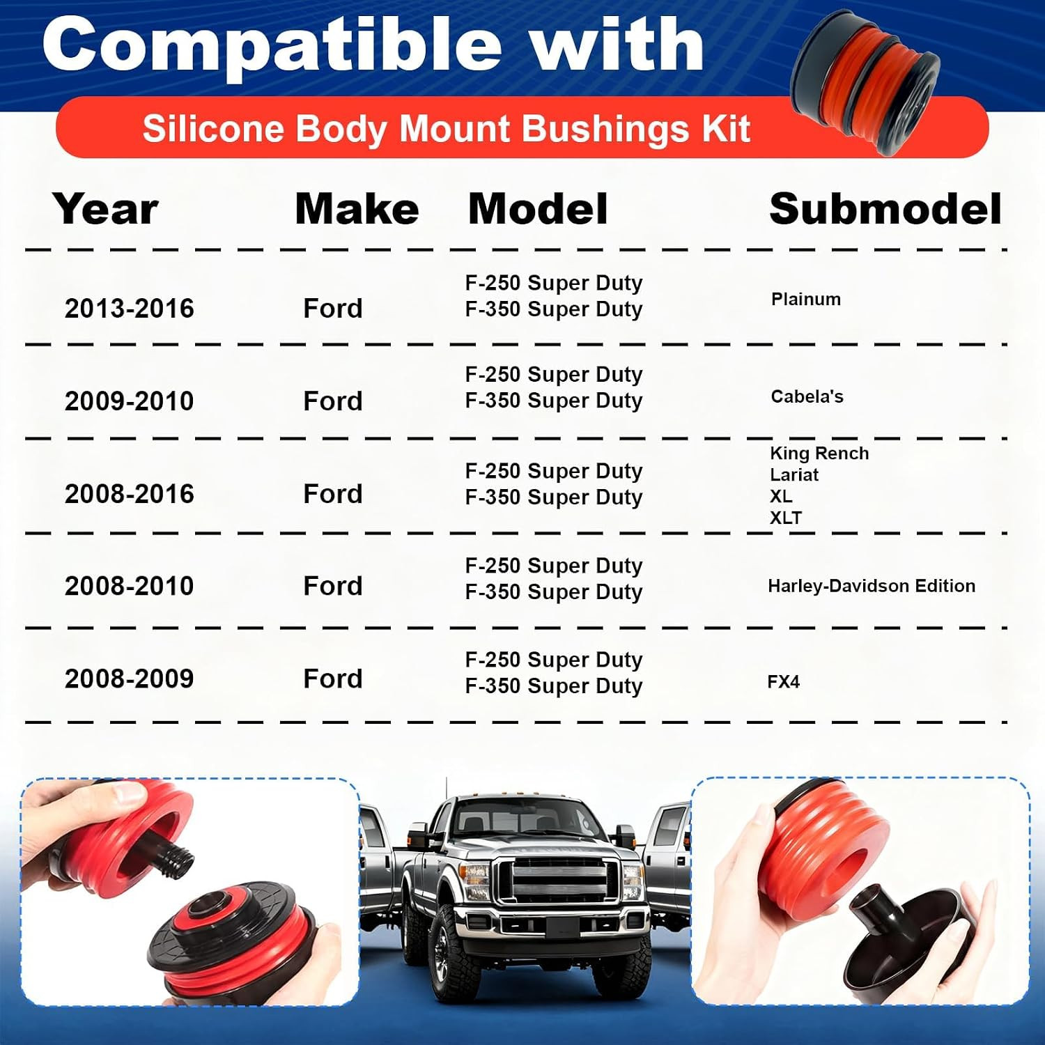 Silicone Body Mount Bushings Bolt Kit 8 Pcs Compatible with 2008-2016 Ford F250