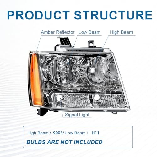 Headlights for 2007-2013 Chevy Tahoe Avalanche Amber Reflector & Chrome Housing