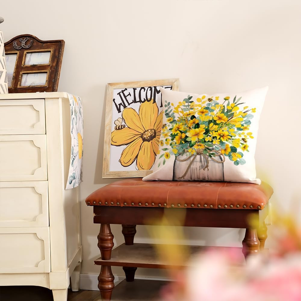 Spring Pillow Cover 18×18 Inch Eucalyptus Flowers Decor Vase Bee Farmhouse Summe