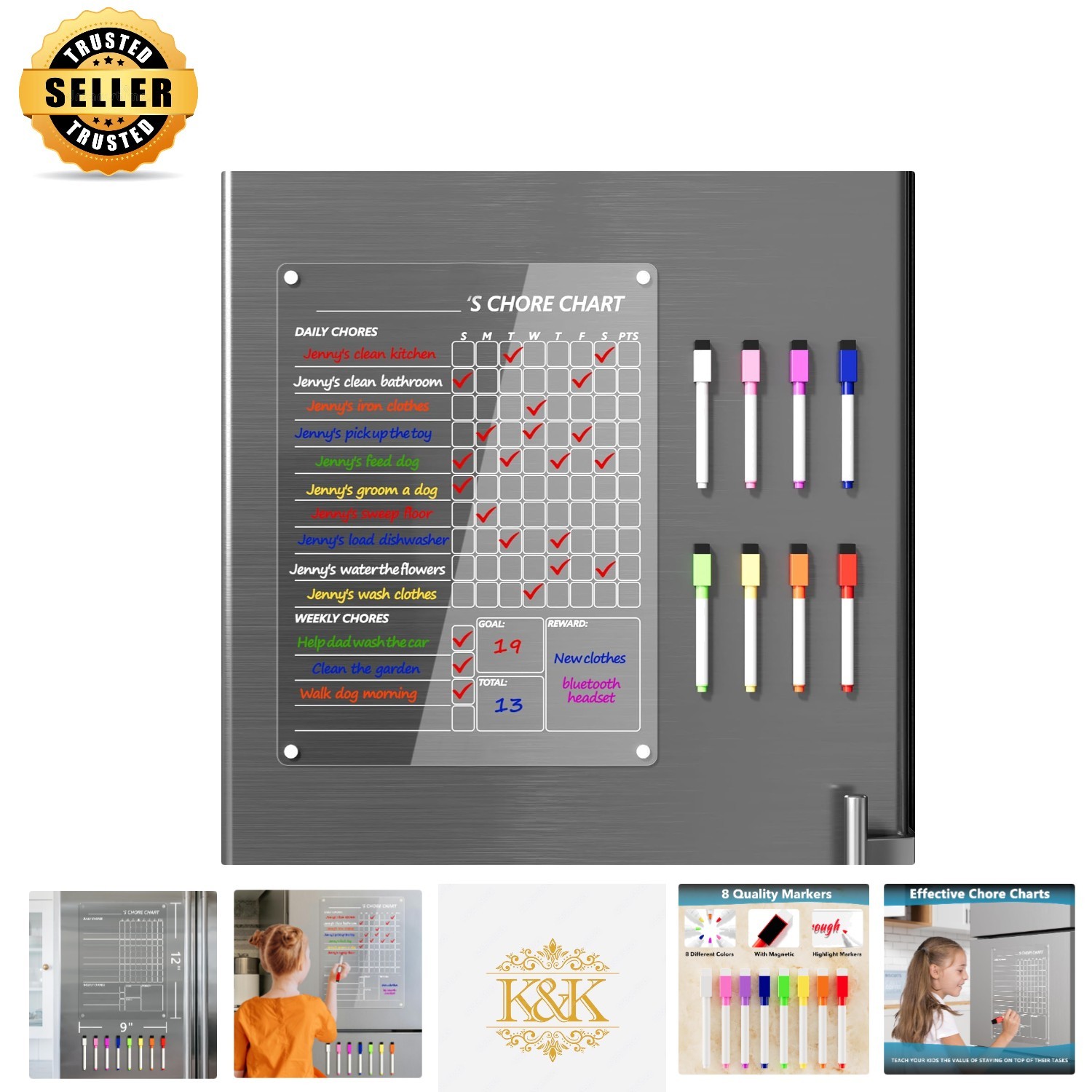 Stylish 12”x9” Acrylic Dry Erase Chore Chart with 8 Color Markers for Families