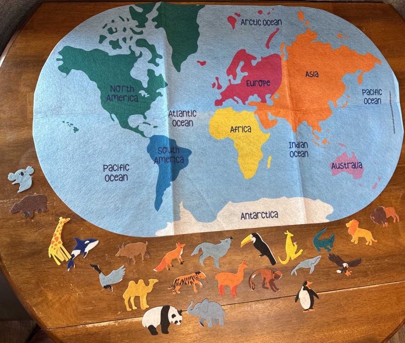 Felt World Map with Felt Animals Match to Continent Felt Pieces Horizon