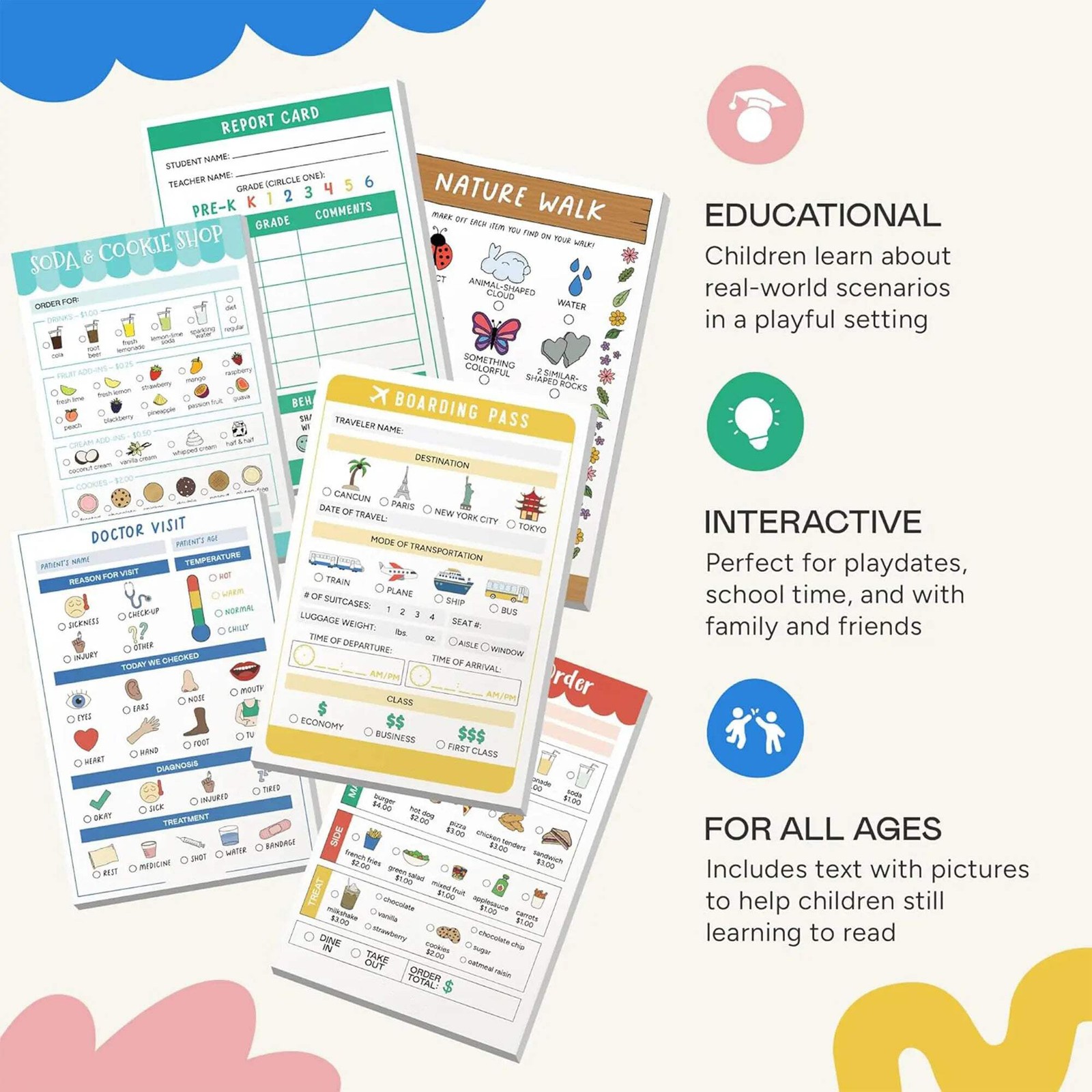 Play Pretend Notepads 40 Pages Each for Kids 2 Pack Restaurant Doctor NatureWalk