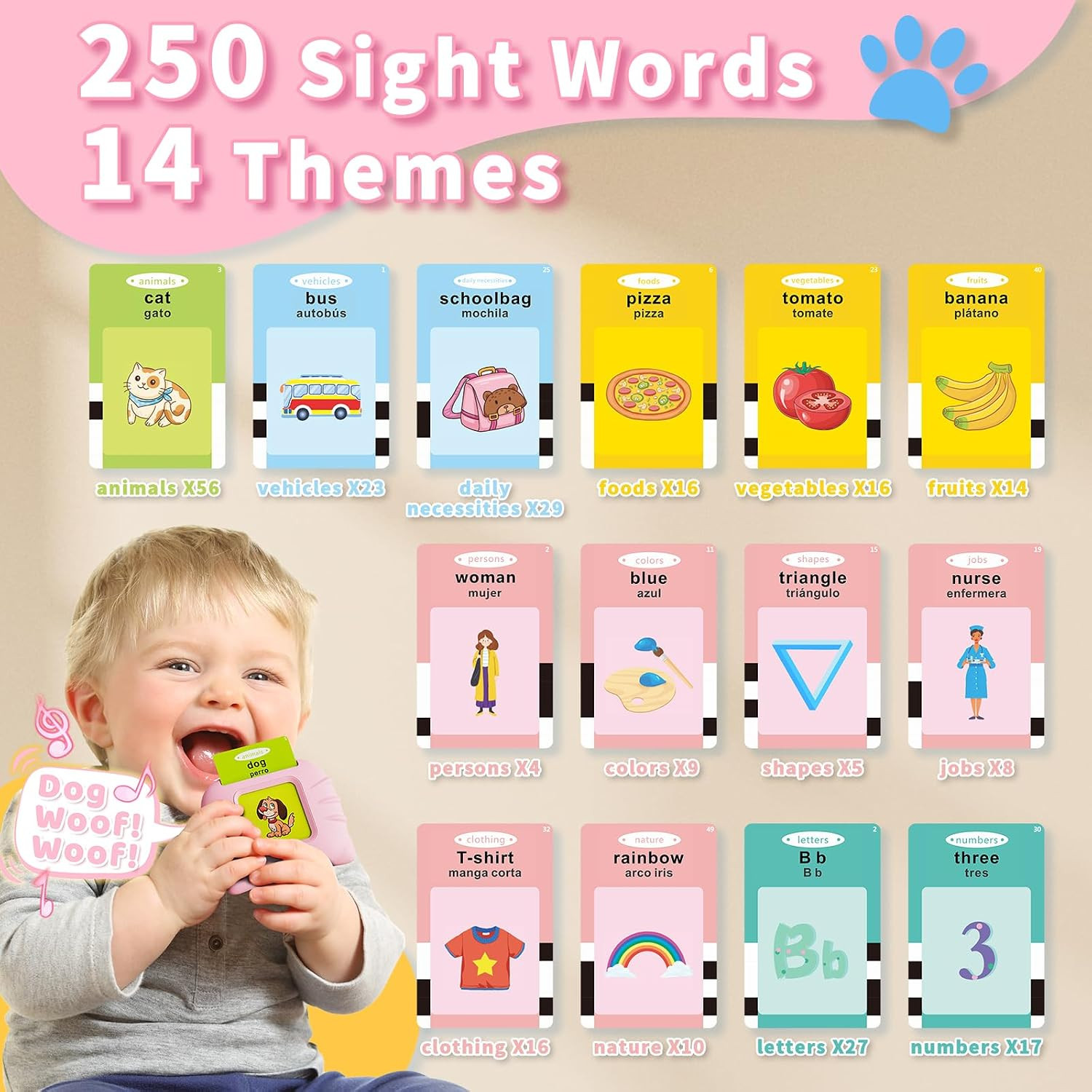 Toddler Toys Bilingual English and Spanish Talking Flash Cards for 1 2 3 4 5 6 Y