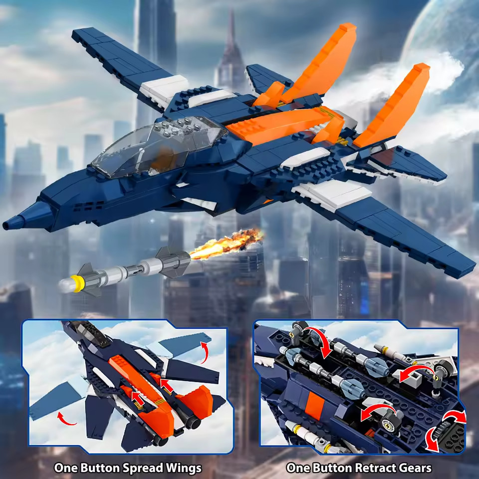 HOGOKIDS 3 in1 Fighter Jet Plane Building Sets Military Propeller Aircraft Gunsh