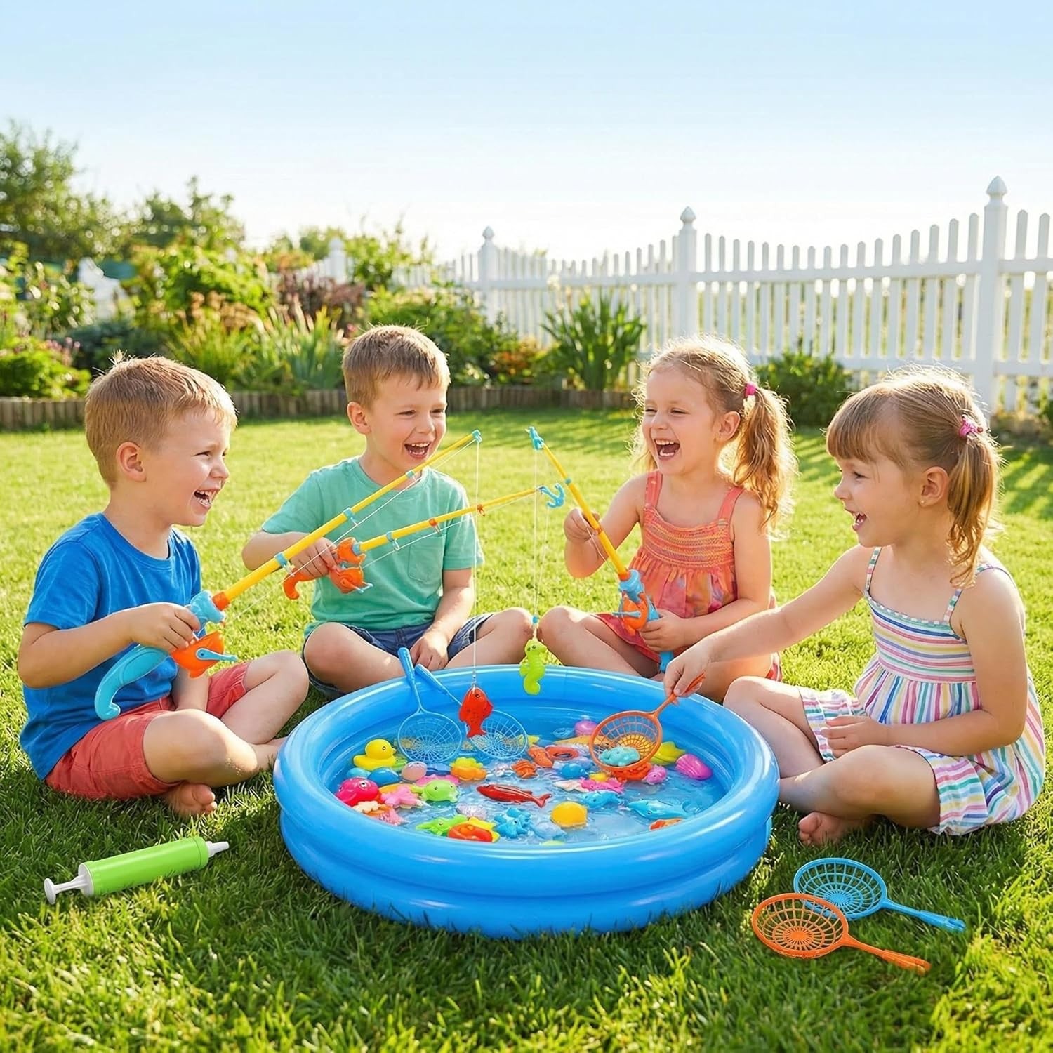 Magnetic Fishing Game Set with Inflatable Pool for Kids Outdoor Indoor
