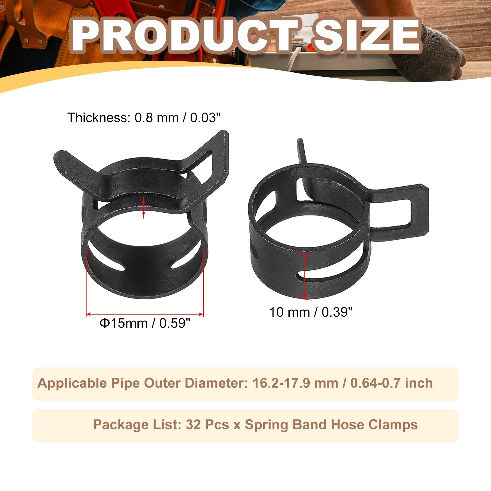 32 Pcs Spring Band Hose Clamps for 16.2-17.9mm OD 0.6″(15mm) ID Black
