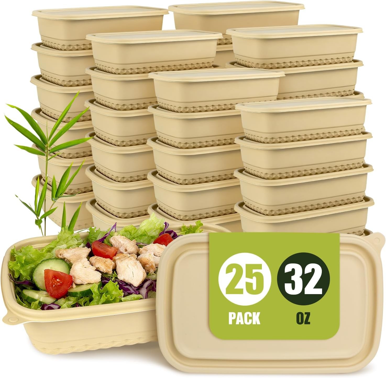 25Pack(50pcs Meal Prep Containers Reusable 32oz Bamboo-Powder Food Containers W/