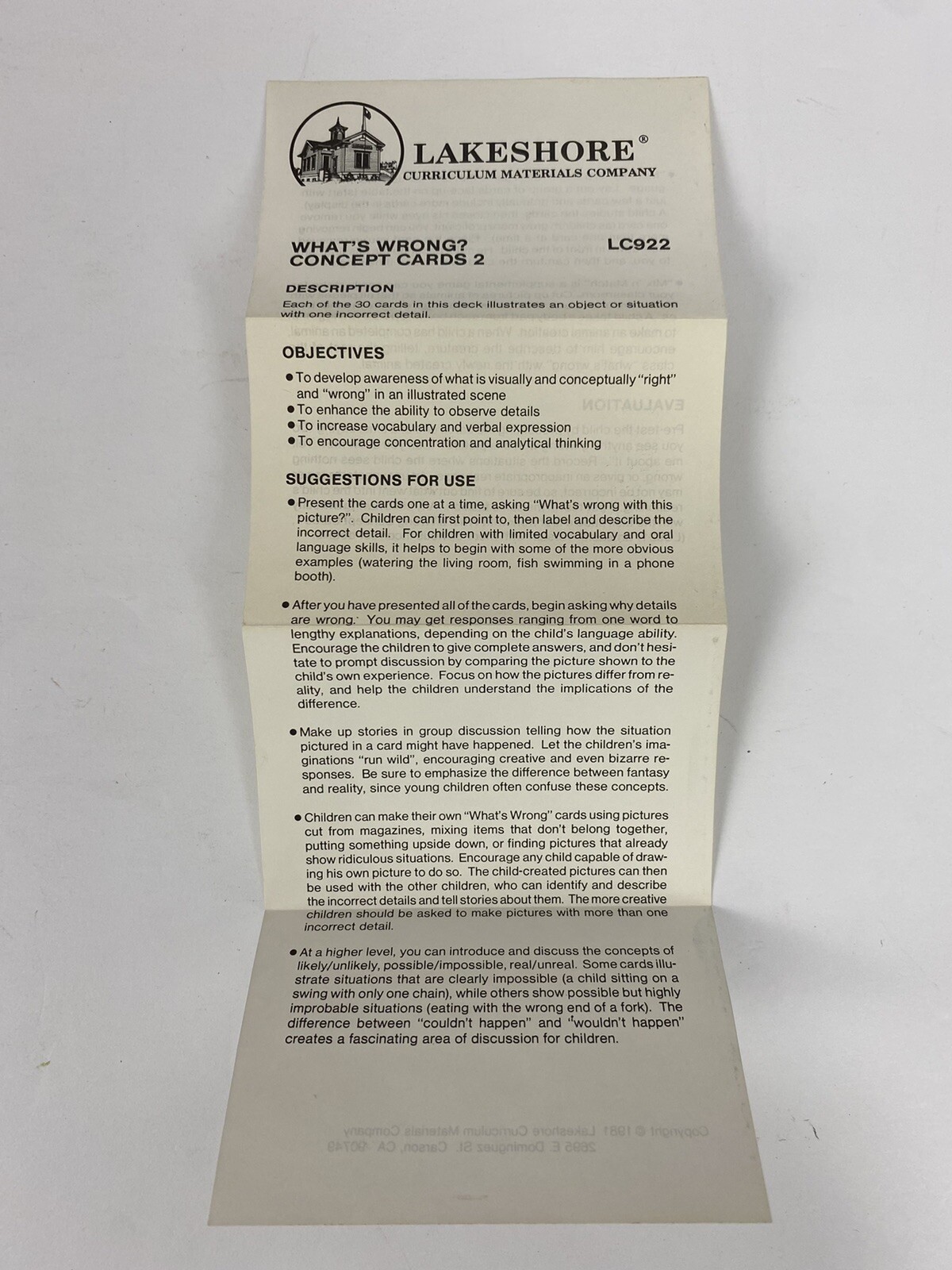Vintage Lakeshore Concept Testing Cards Set 1 & 2 30 Count 1981