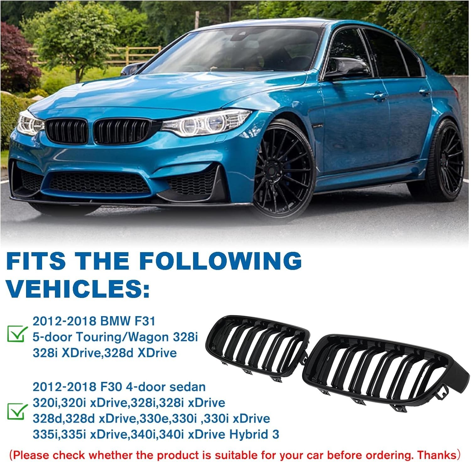 F30 Black Kidney Grille – Double Slats, Compatible with 2012-2018 BMW 3 Serie…
