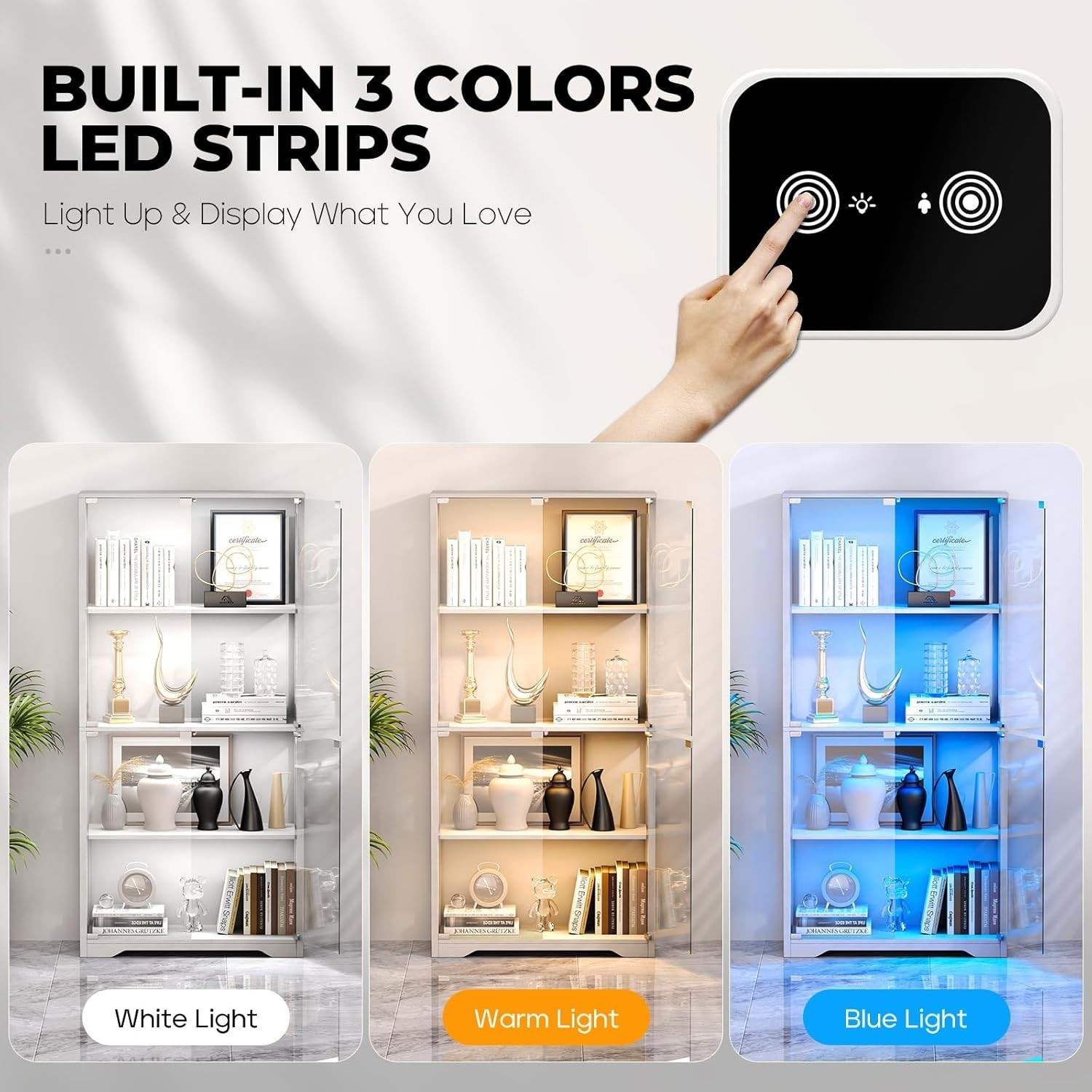 Display Cabinet with Glass Doors, 4-Tier Curio Cabinet with 3 Color Lights for