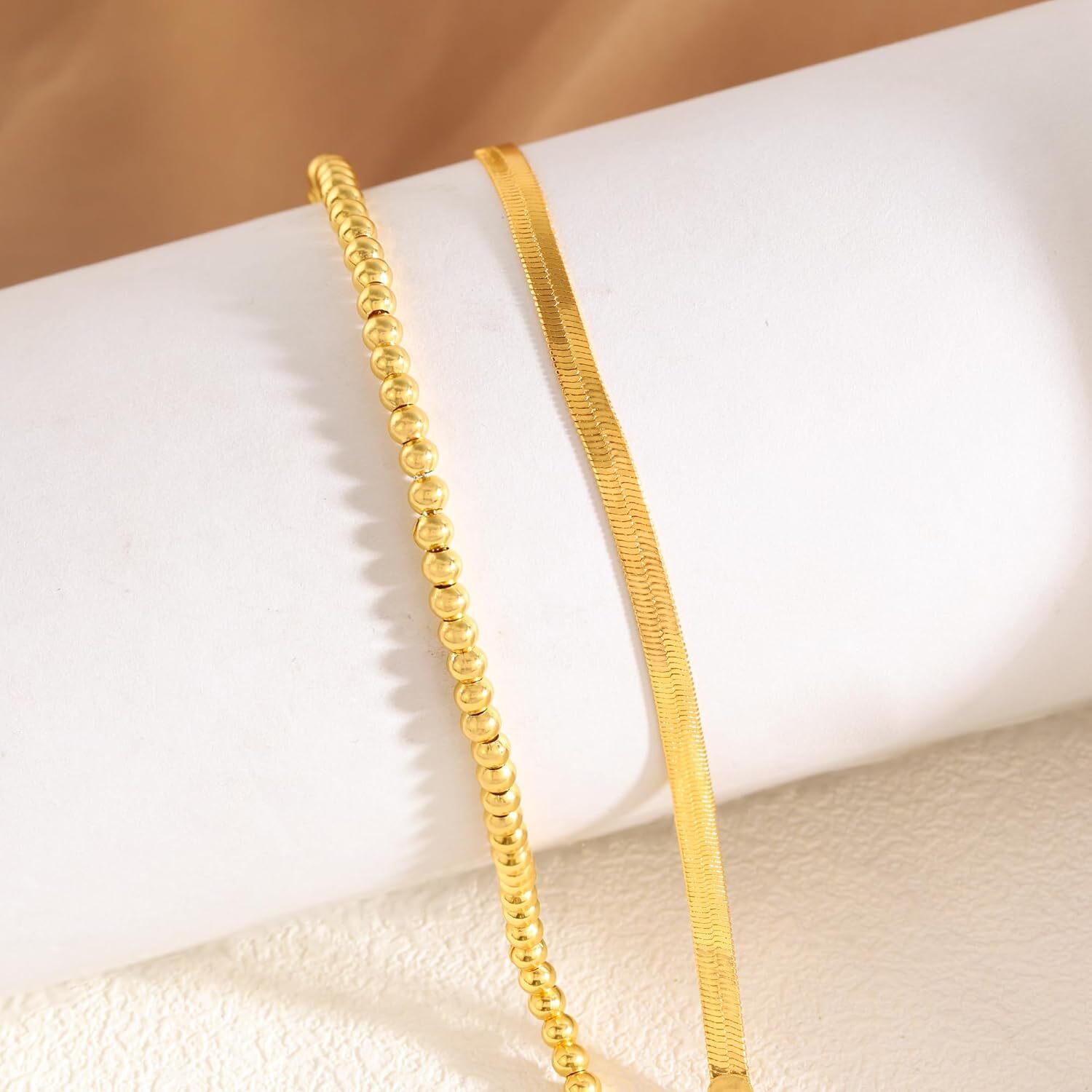 Gold Bracelets for Women – Dainty 18K Gold Plated Trendy Bead Rope Cuban Figaro