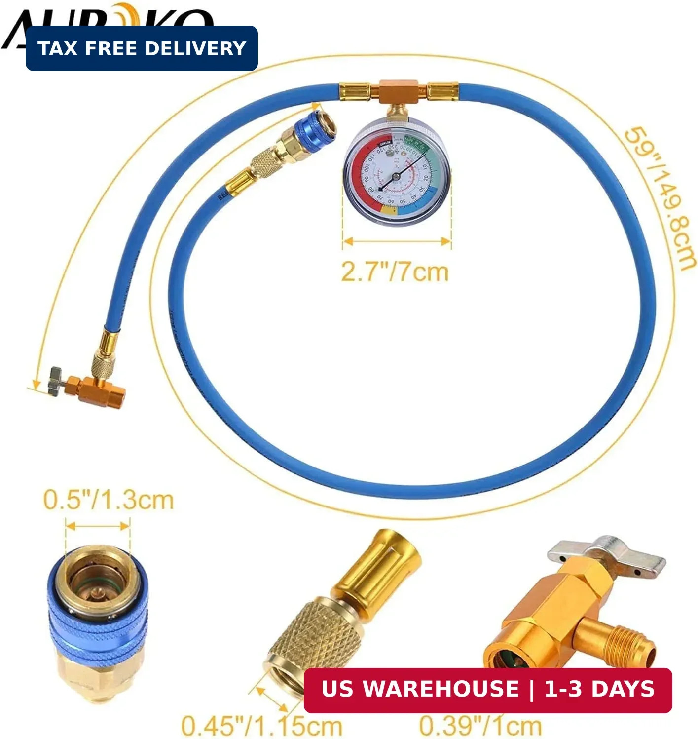 Aupoko R134A Recharge Hose Kit with Gauge, 59” AC Refrigerant Recharging Hose w