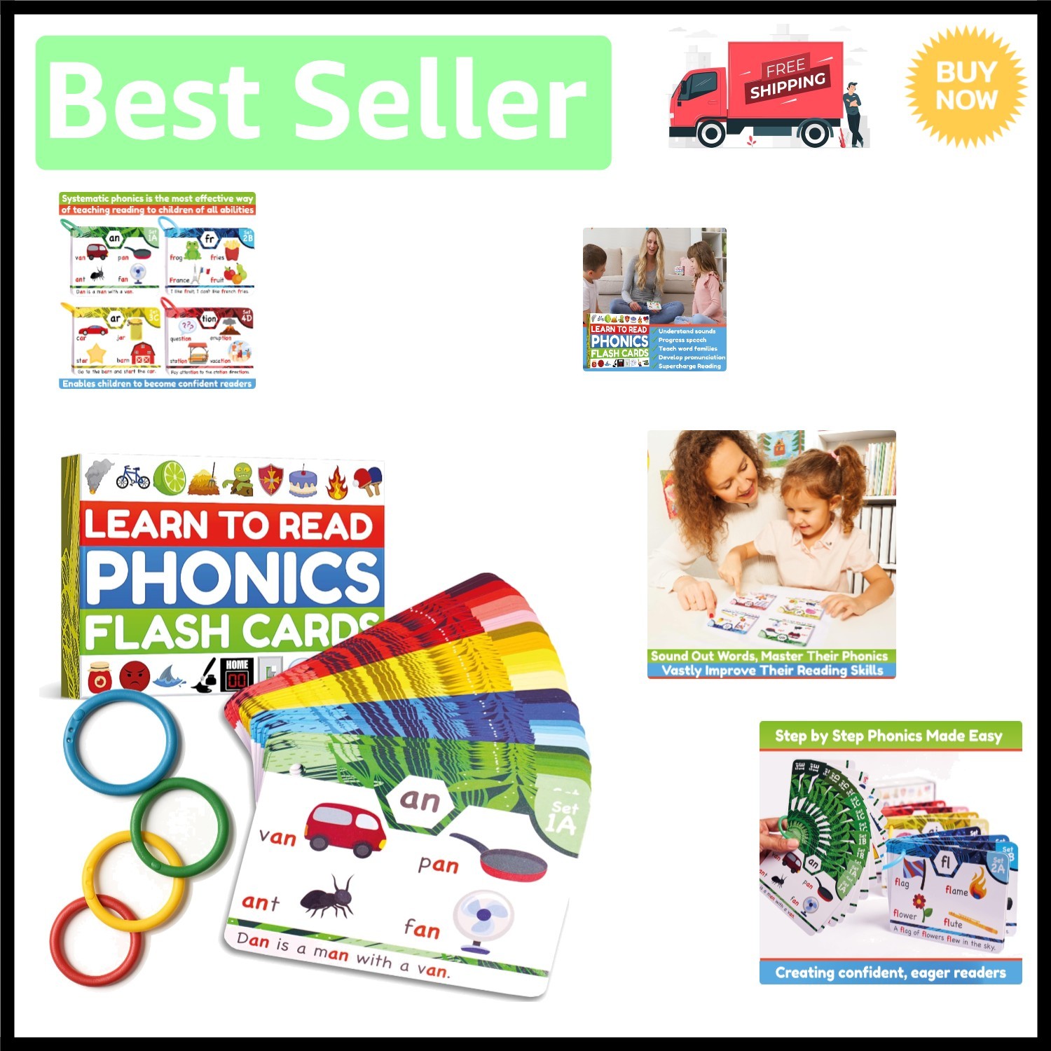 Learn to Read in 20 Stages with Fun Phonics Flash Cards – 62 Cards for Ages 4-8
